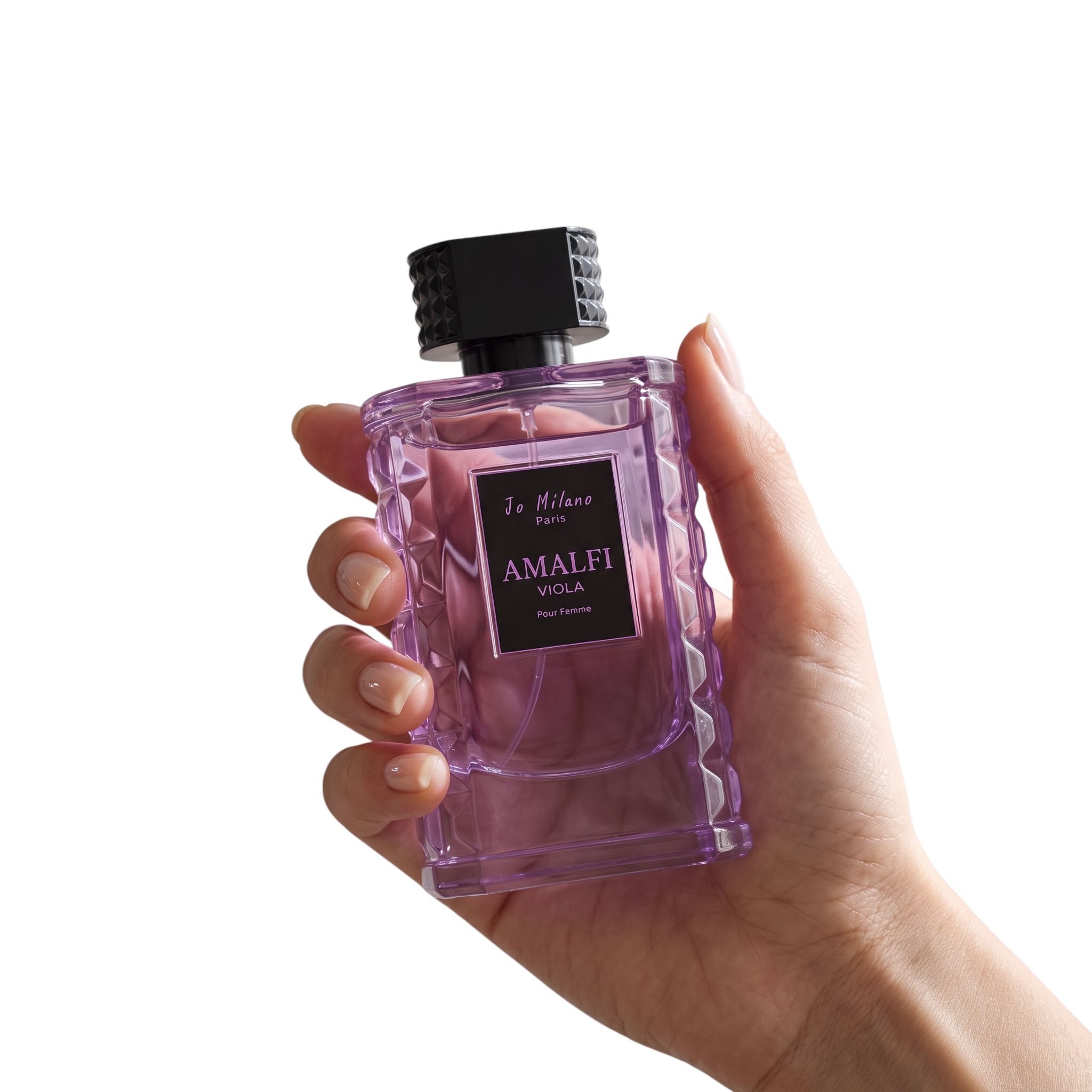 Palette 21 Jo Milano Paris Amalfi Viola Eau de Parfum in a textured violet glass bottle held in a woman's hand.