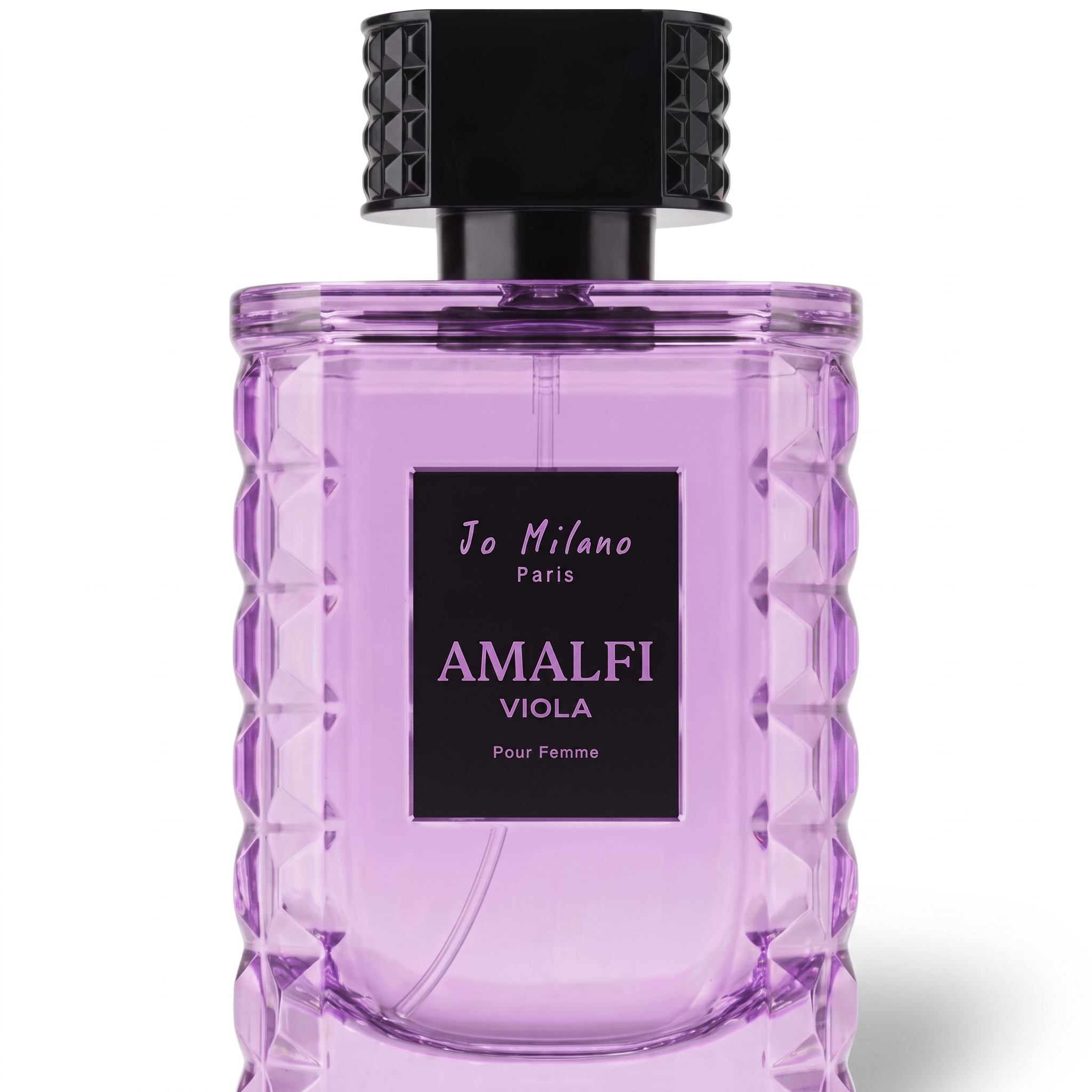 Palette 21 Jo Milano Paris Amalfi Viola Eau de Parfum in a textured violet glass bottle with a black architectural cap