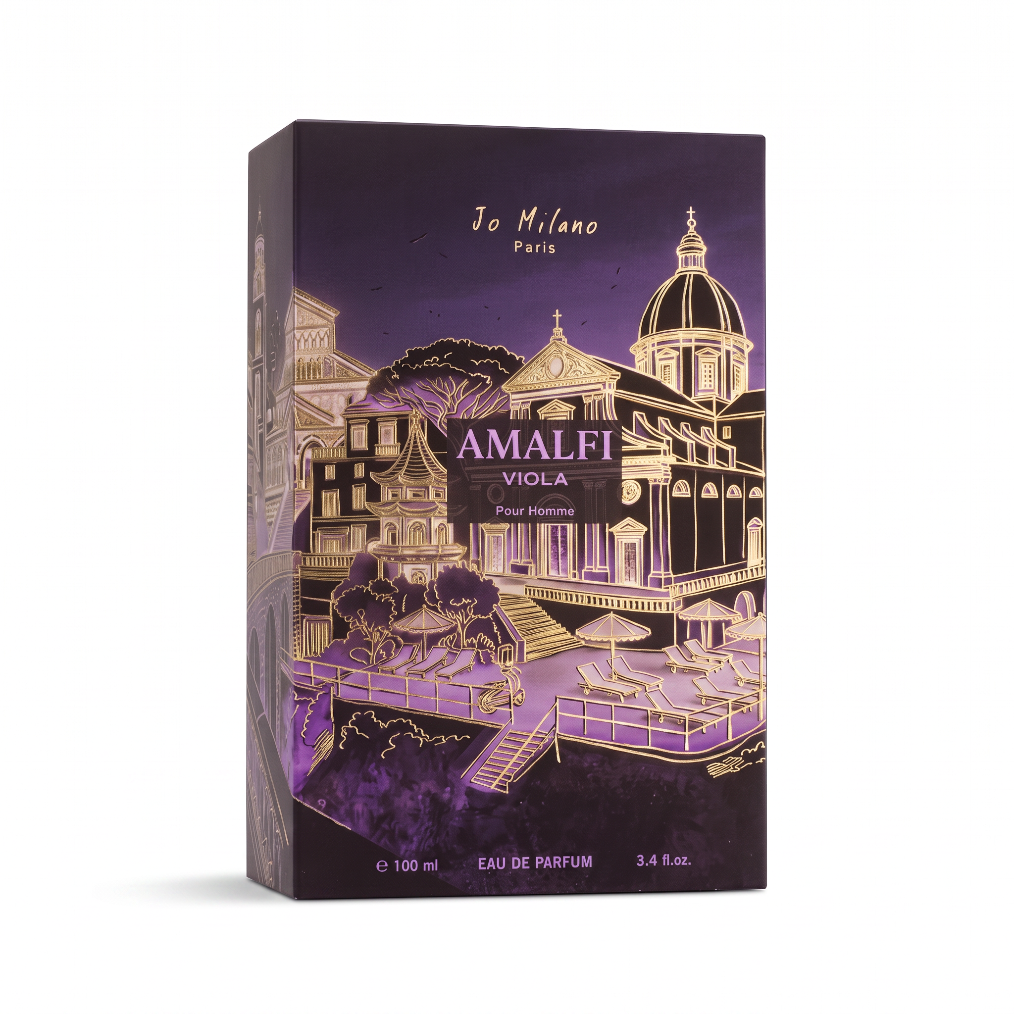 Palette 21 Jo Milano Paris Amalfi Viola Eau De Parfum box featuring an elegant purple Amalfi coast illustration.