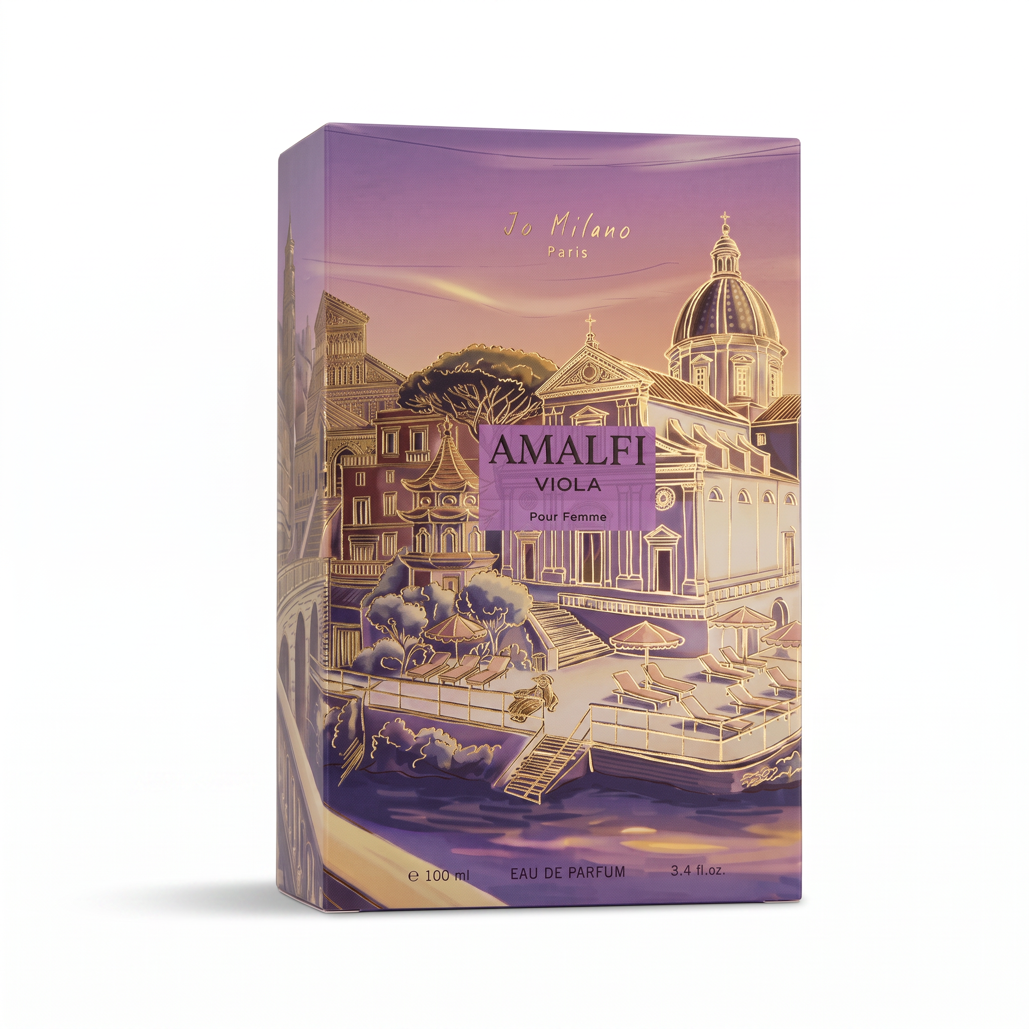 Palette 21 Jo Milano Paris Amalfi Viola Eau de Parfum box featuring an illustrated Italian coastal scene in violet.