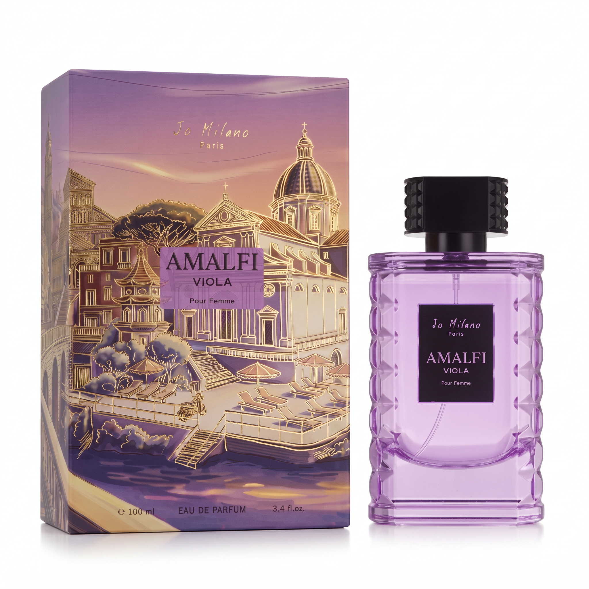 Palette 21 Jo Milano Paris Amalfi Viola Eau de Parfum in a textured violet glass bottle with its illustrated box.