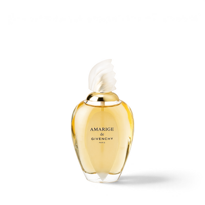 Palette 21 Amarige de GIVENCHY Eau de Toilette spray in a clear glass bottle with a unique sculptural white cap.