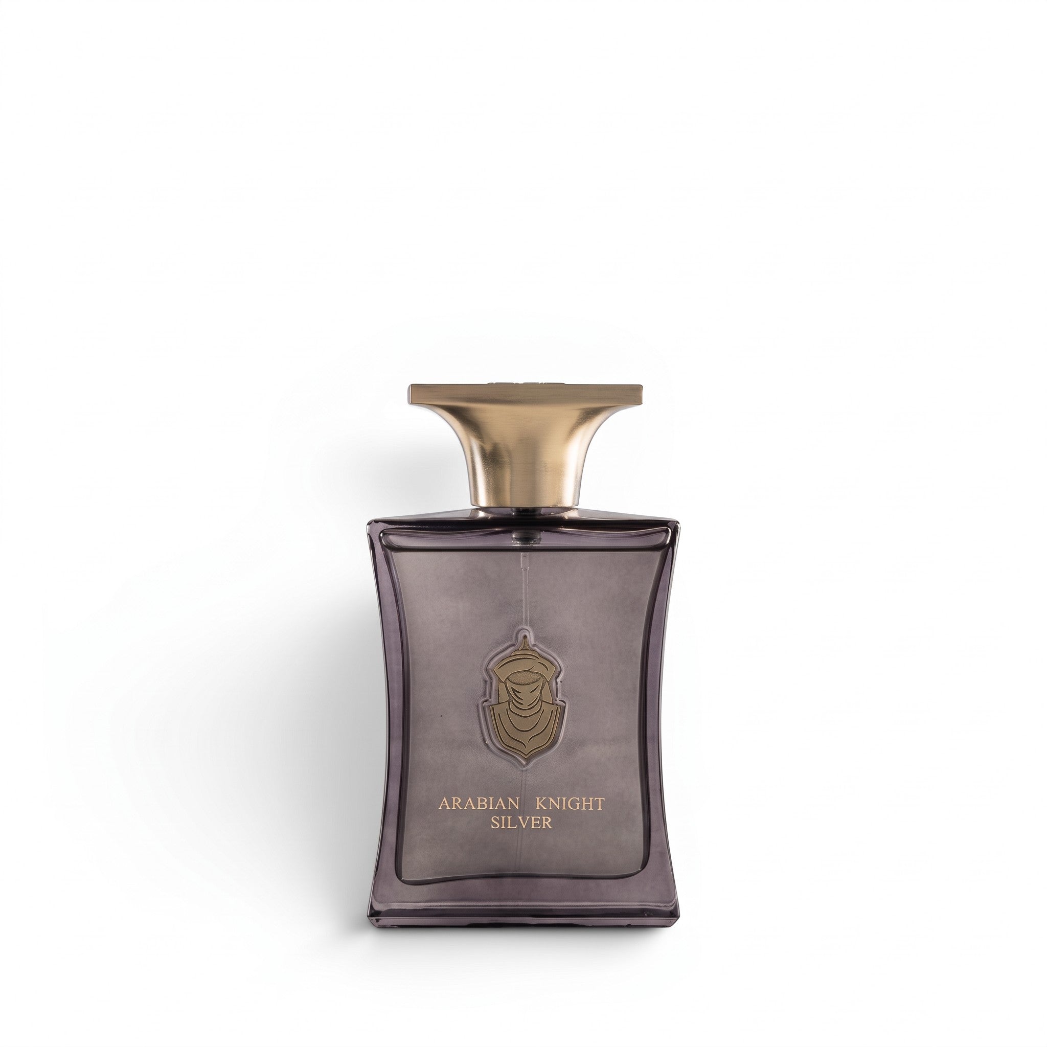 Palette 21 Arabian Oud Arabian Knight Silver men's eau de parfum in a sleek grey glass bottle with a gold cap.