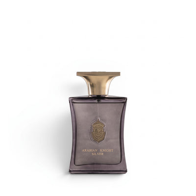 Palette 21 Arabian Oud Arabian Knight Silver men's eau de parfum in a sleek grey glass bottle with a gold cap.