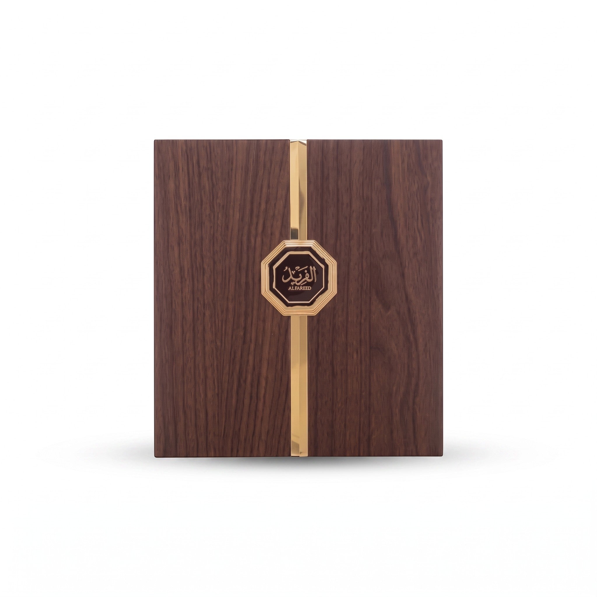 Palette 21 Arabian Oud Al Fareed perfume bottle in a dark wood box with a gold octagonal logo and central trim.