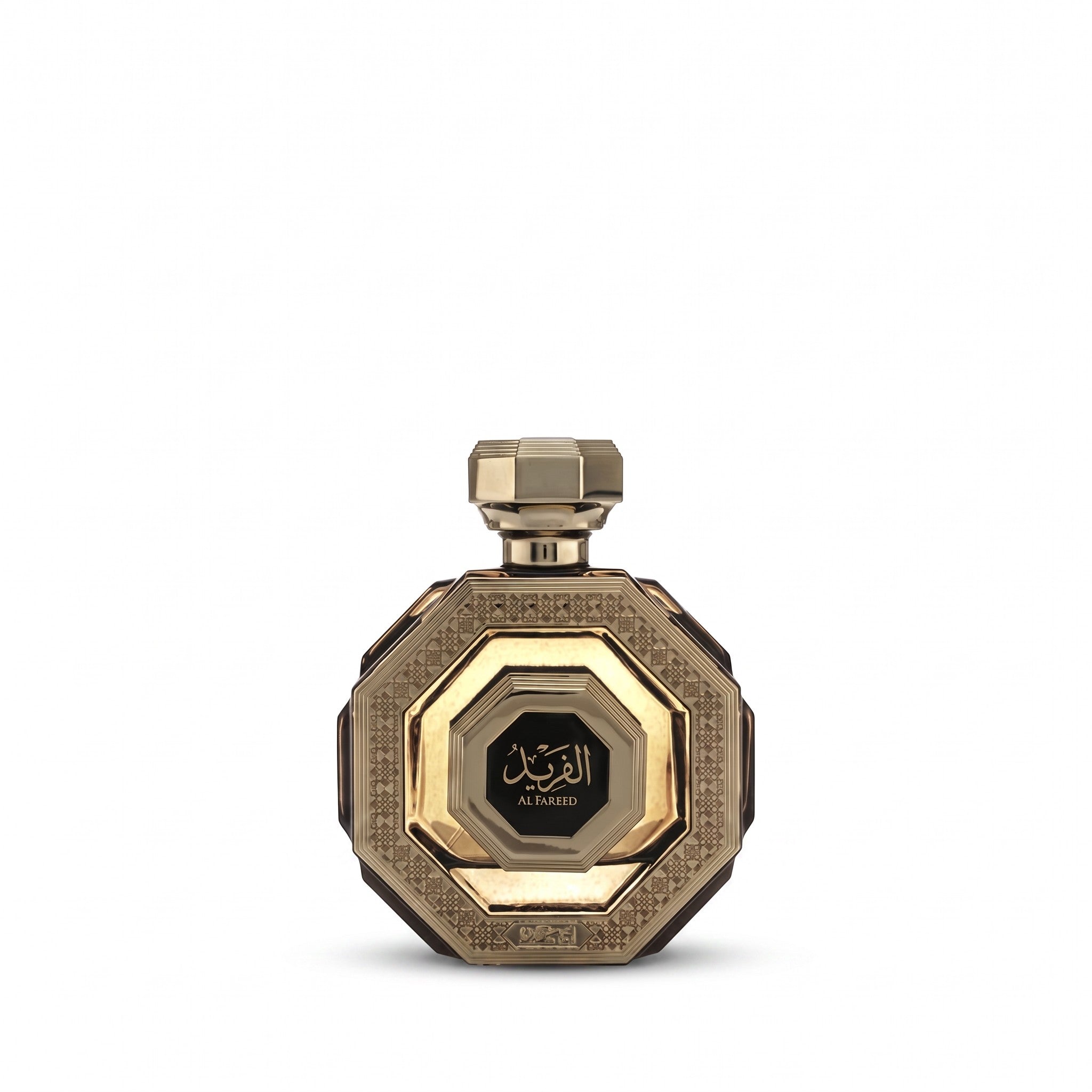 Palette 21 Arabian Oud Al Fareed men's woody oriental perfume in an ornate gold octagonal bottle with Arabic calligraphy.