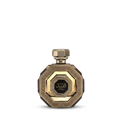 Palette 21 Arabian Oud Al Fareed men's woody oriental perfume in an ornate gold octagonal bottle with Arabic calligraphy.