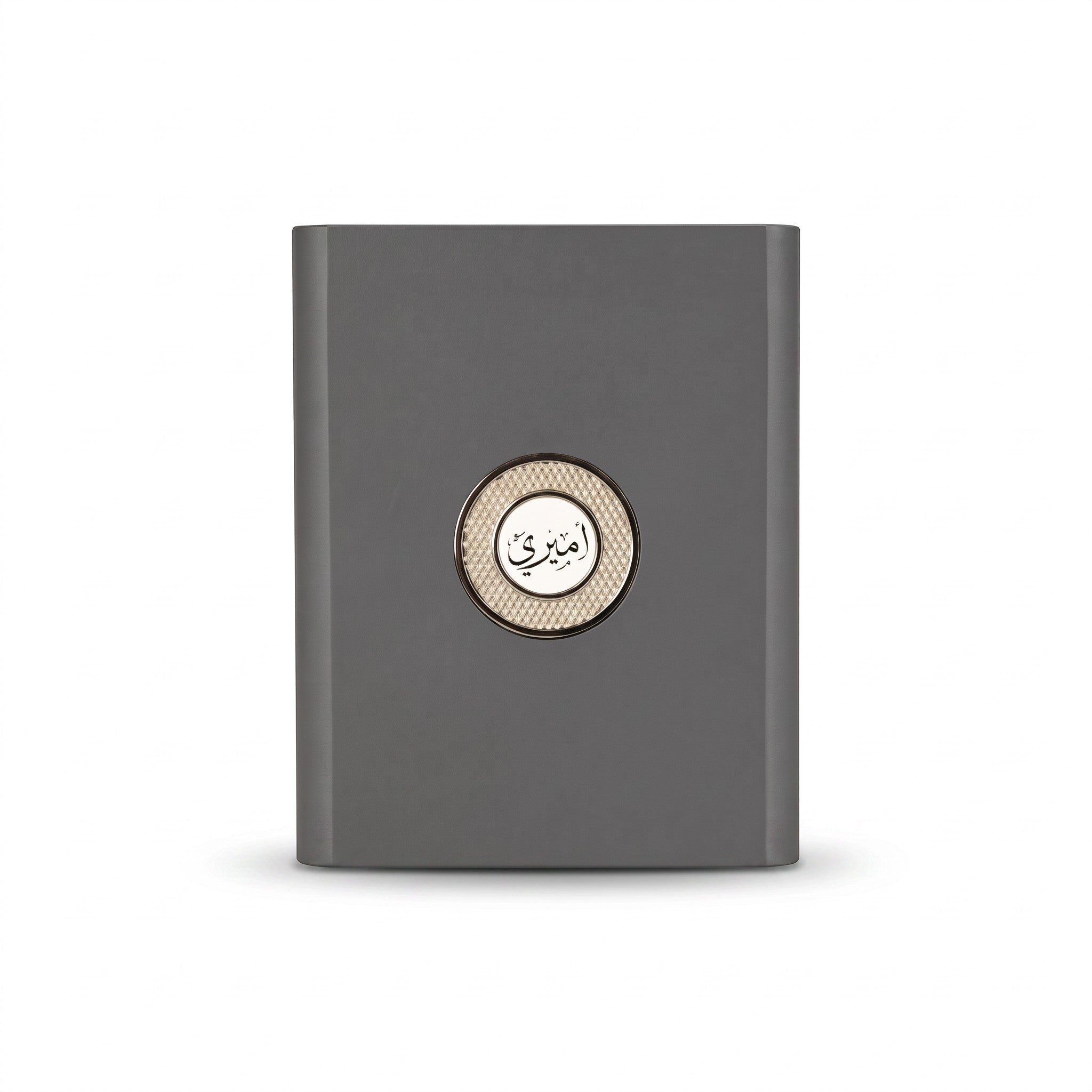 Palette 21 Arabian Oud Amiri EDP fragrance bottle in a sleek grey rectangular design with a circular gold emblem.