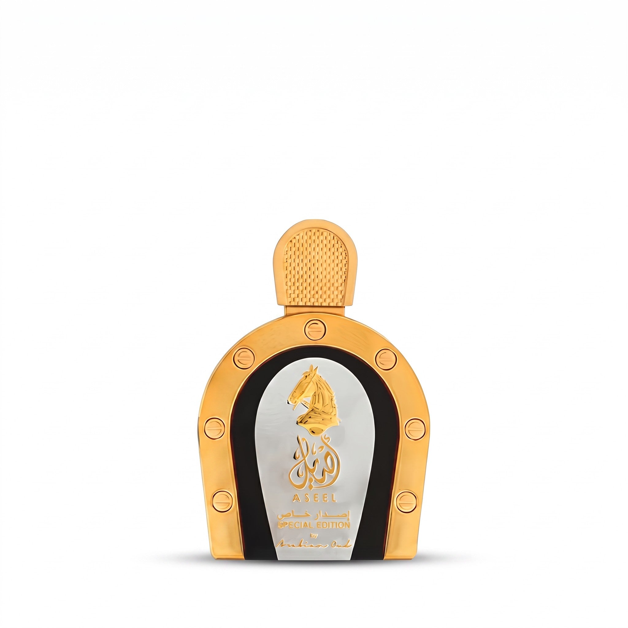 Palette 21 Arabian Oud Aseel Special Edition perfume bottle with a gold horseshoe design and horse emblem.