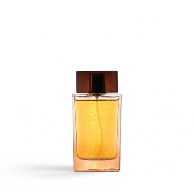Palette 21 Arabian Oud Kalemat Eau de Parfum in a rectangular glass bottle with a dark brown cap and amber liquid.