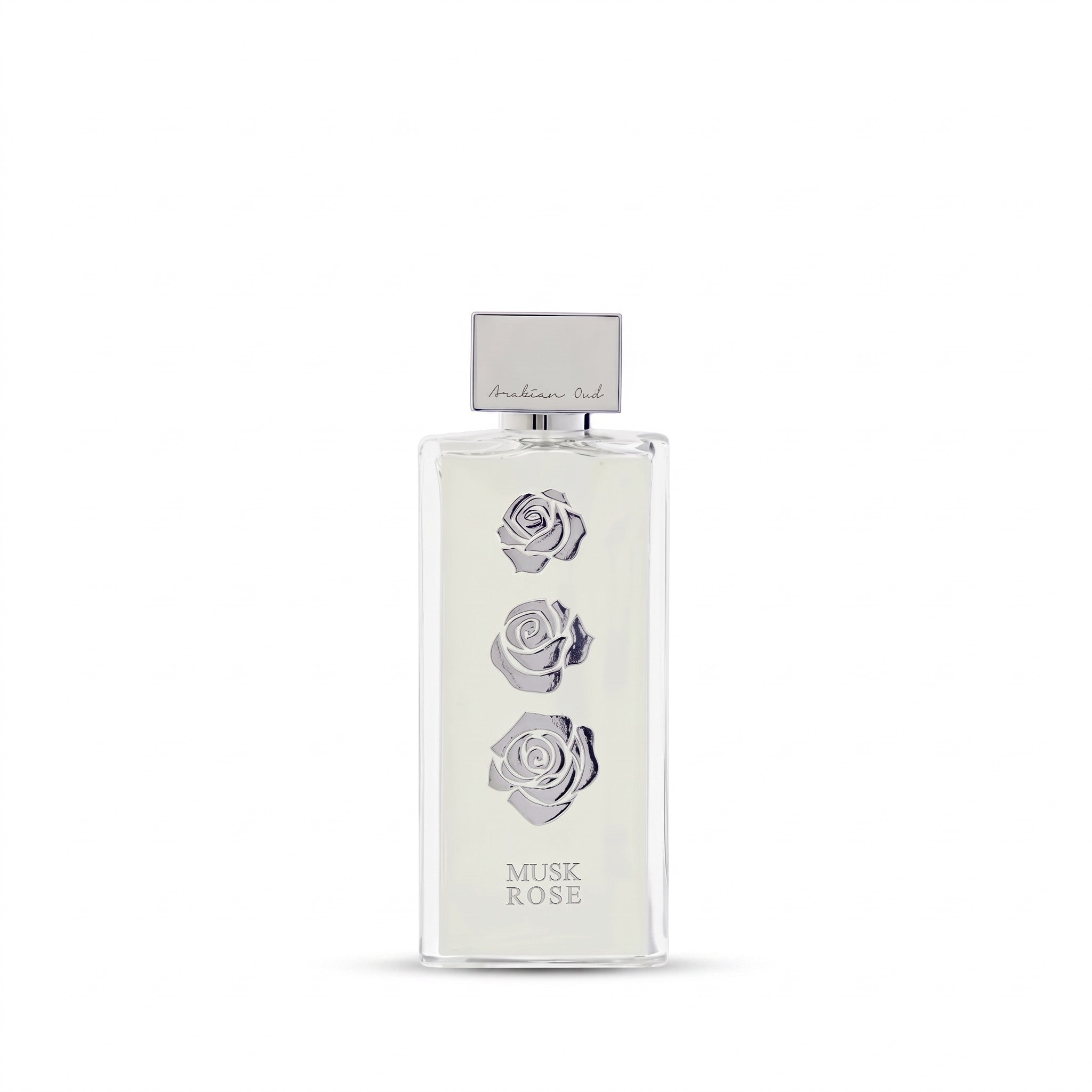 Palette 21 Arabian Oud Musk Rose perfume bottle with three silver rose emblems on a clear glass rectangular flacon.