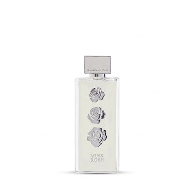 Palette 21 Arabian Oud Musk Rose perfume bottle with three silver rose emblems on a clear glass rectangular flacon.