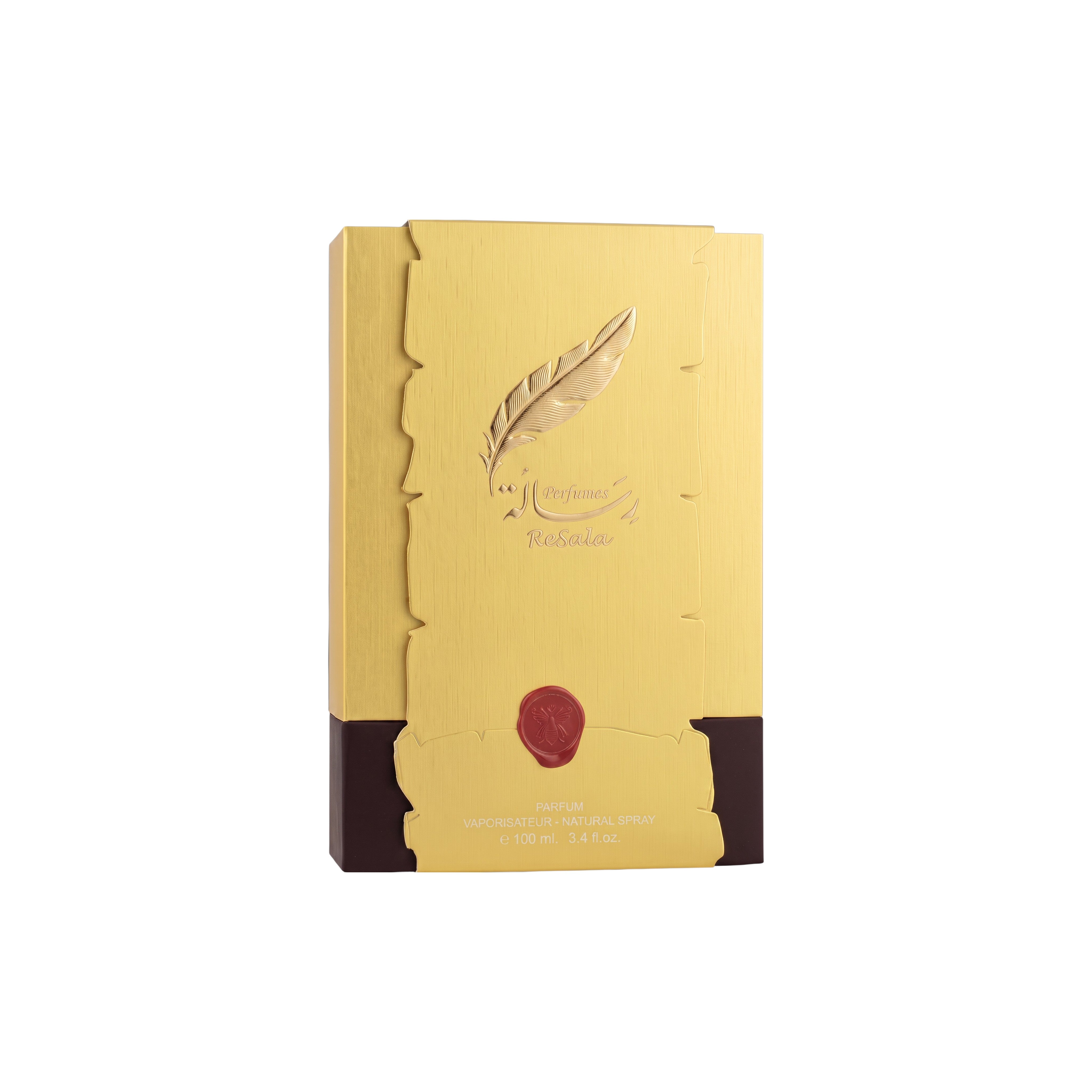 Palette 21 Arabian Oud Resala perfume box in gold with a quill emblem and red wax seal on a white background