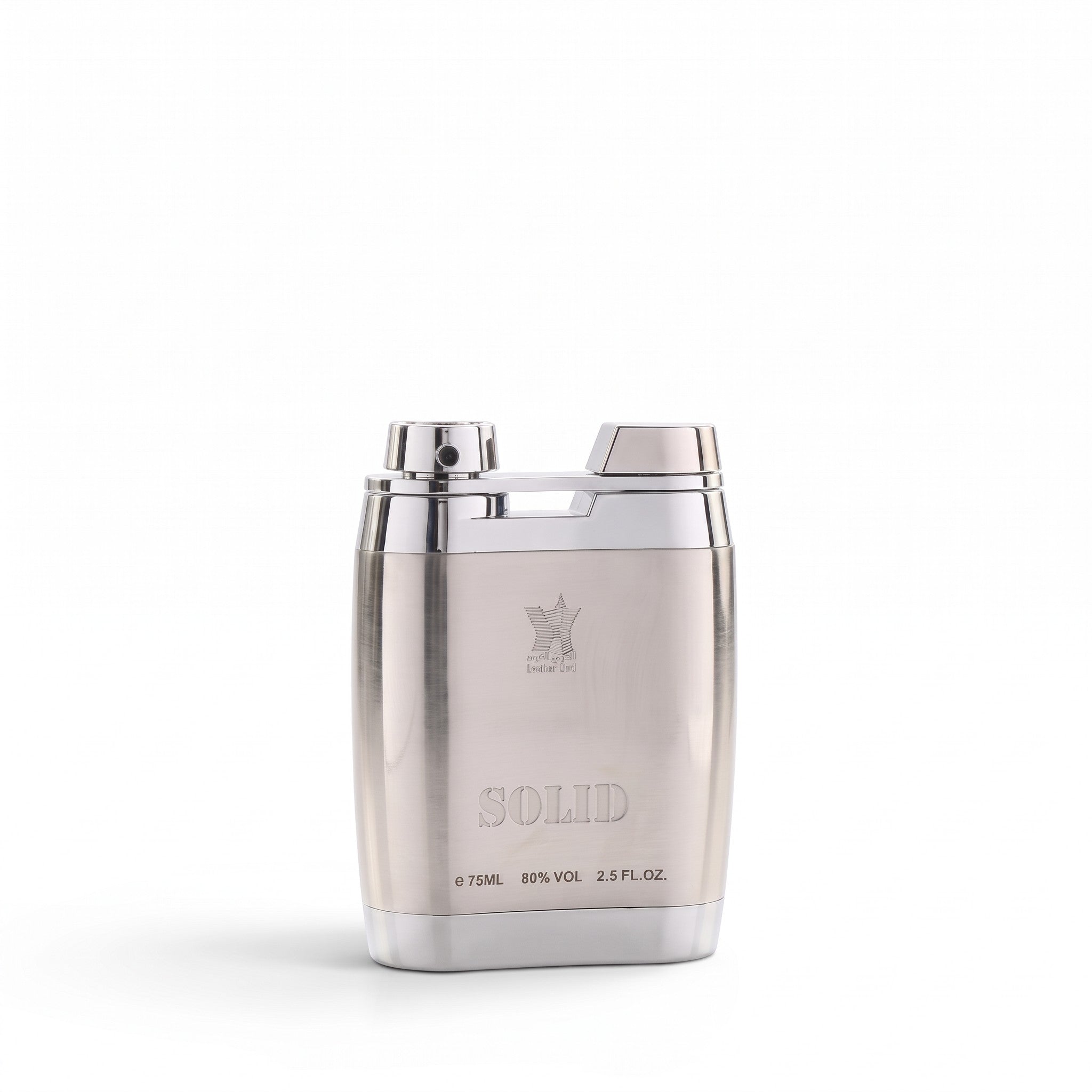 Palette 21 Arabian Oud Solid unisex eau de parfum in a sleek silver metal lighter-shaped bottle on a white background.