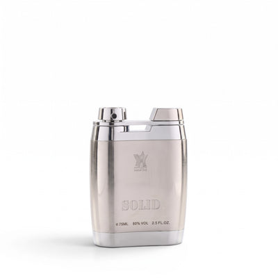 Palette 21 Arabian Oud Solid unisex eau de parfum in a sleek silver metal lighter-shaped bottle on a white background.