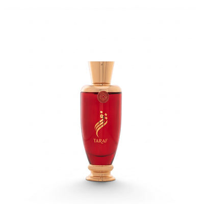 Palette 21 Arabian Oud Taraf unisex woody leather perfume in a tall red glass bottle with gold metallic accents.