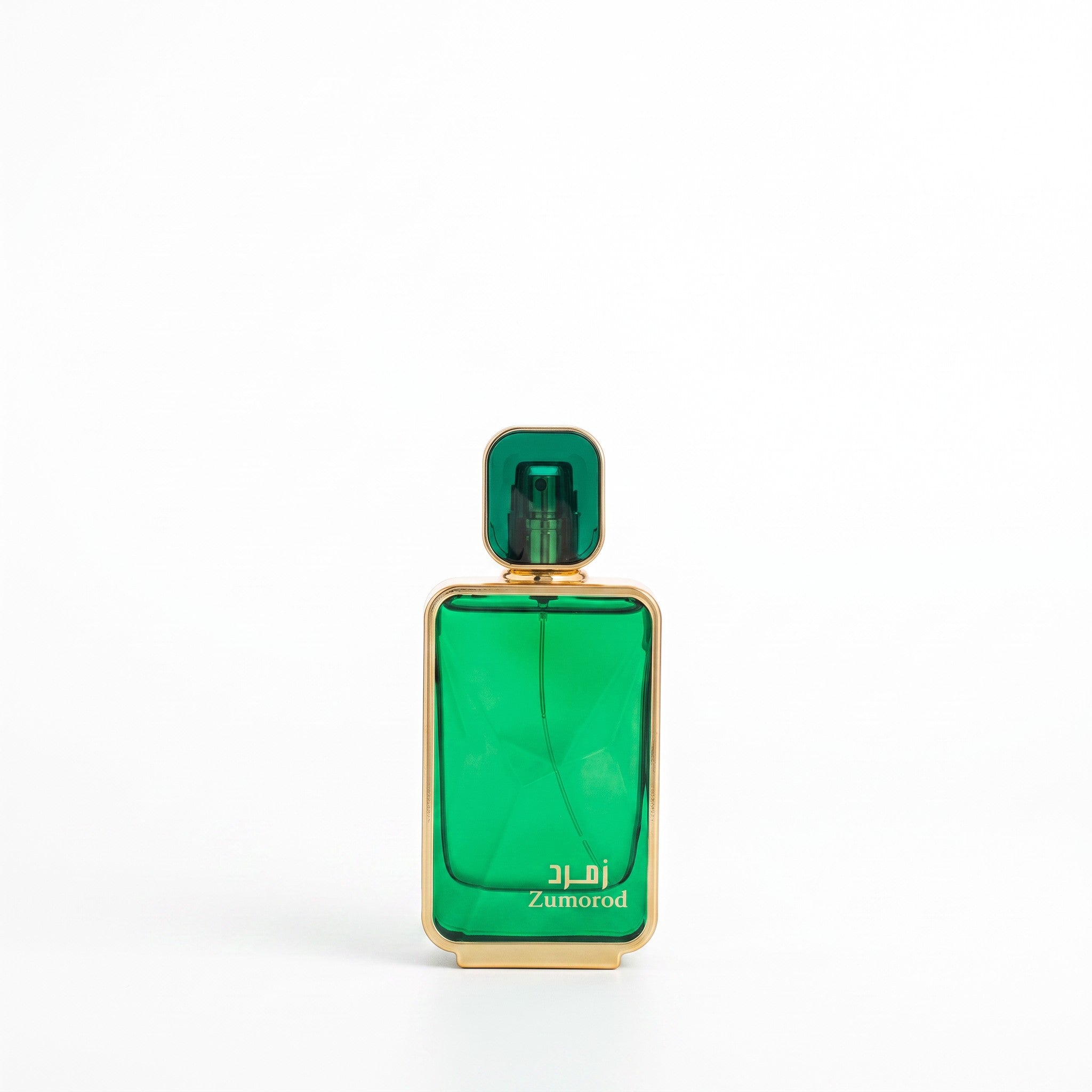 Palette 21 Arabian Oud Zumorod unisex fragrance in a rectangular emerald green glass bottle with gold trim.