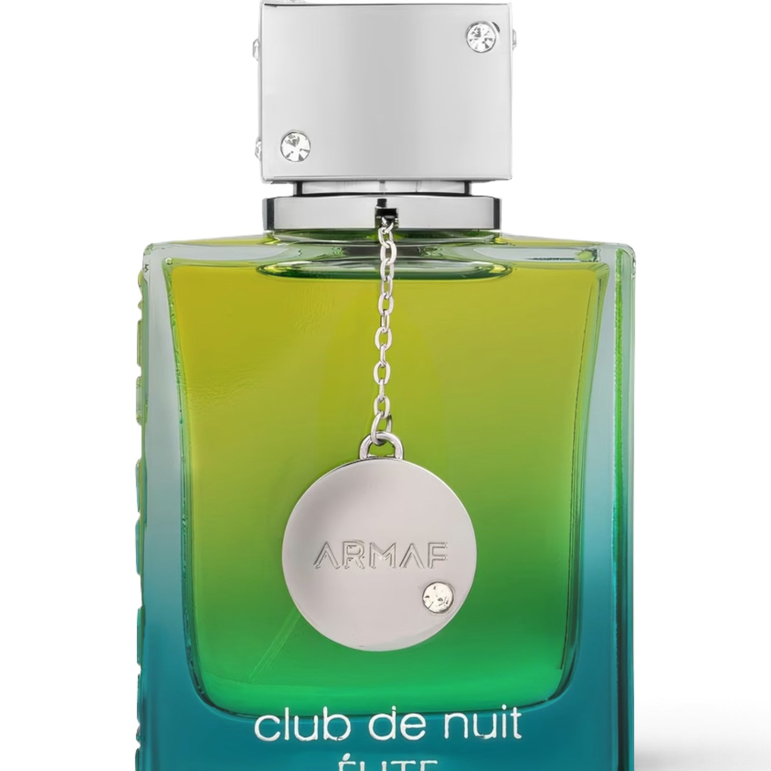 Palette 21 ARMAF Club De Nuit Élite Eau De Parfum in a green-to-teal gradient bottle with a silver chain charm.