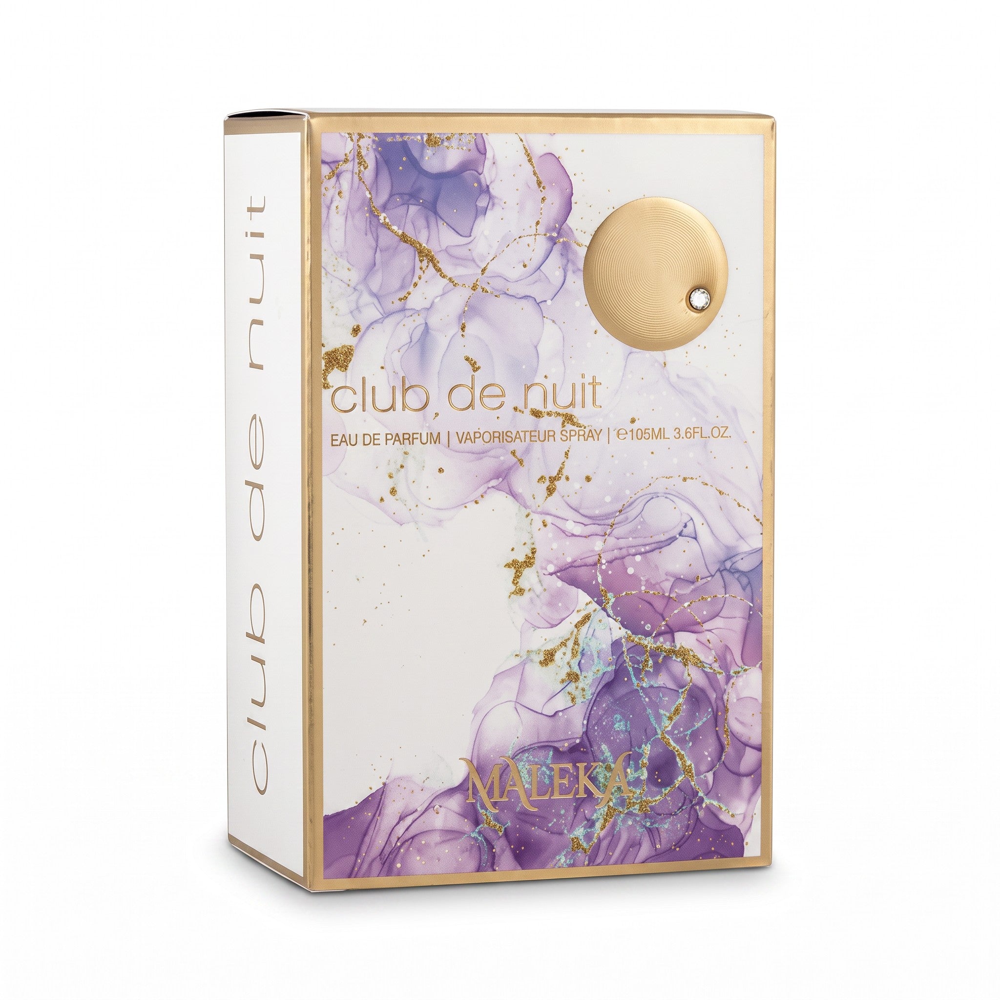 Palette 21 Armaf Club De Nuit Maleka Eau De Parfum box with purple marble design and gold accents
