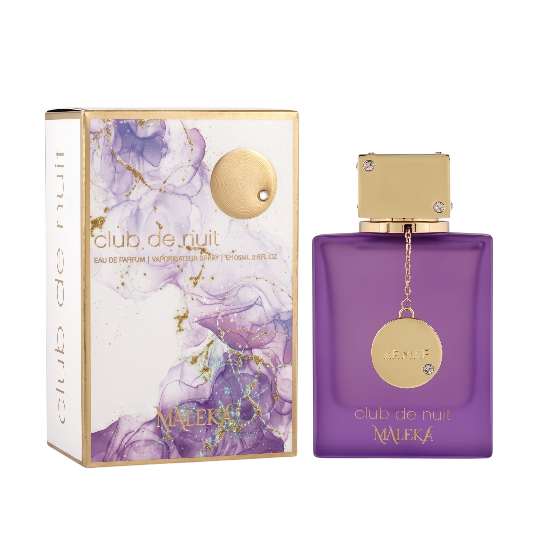 Palette 21 Armaf Club De Nuit Maleka Eau De Parfum in a purple glass bottle with gold charm next to its gift box.