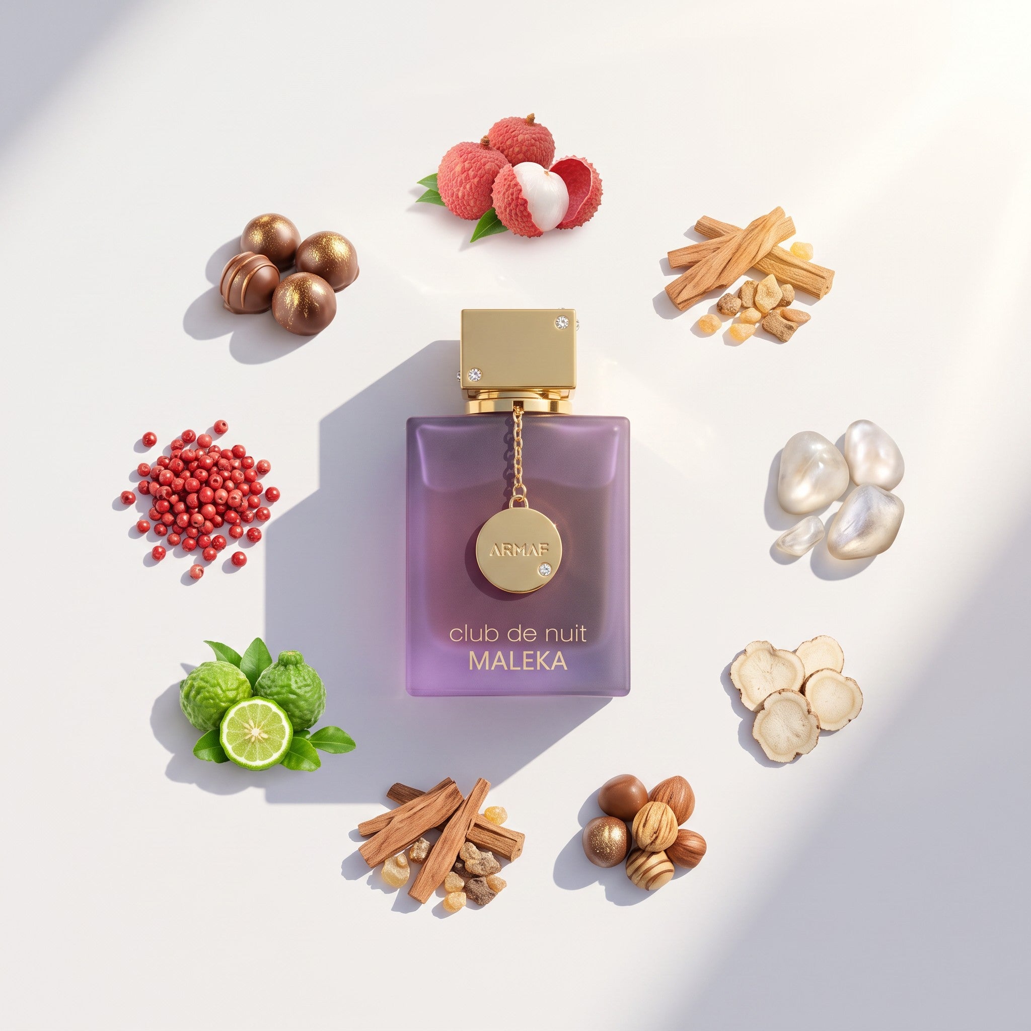 Palette 21 Armaf Club De Nuit Maleka perfume bottle surrounded by fragrance ingredients like lychee, bergamot, and nuts.