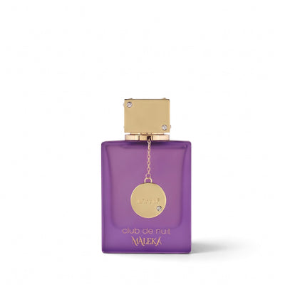 Palette 21 Armaf Club De Nuit Maleka perfume in a deep purple glass bottle with gold hardware and crystal charm.