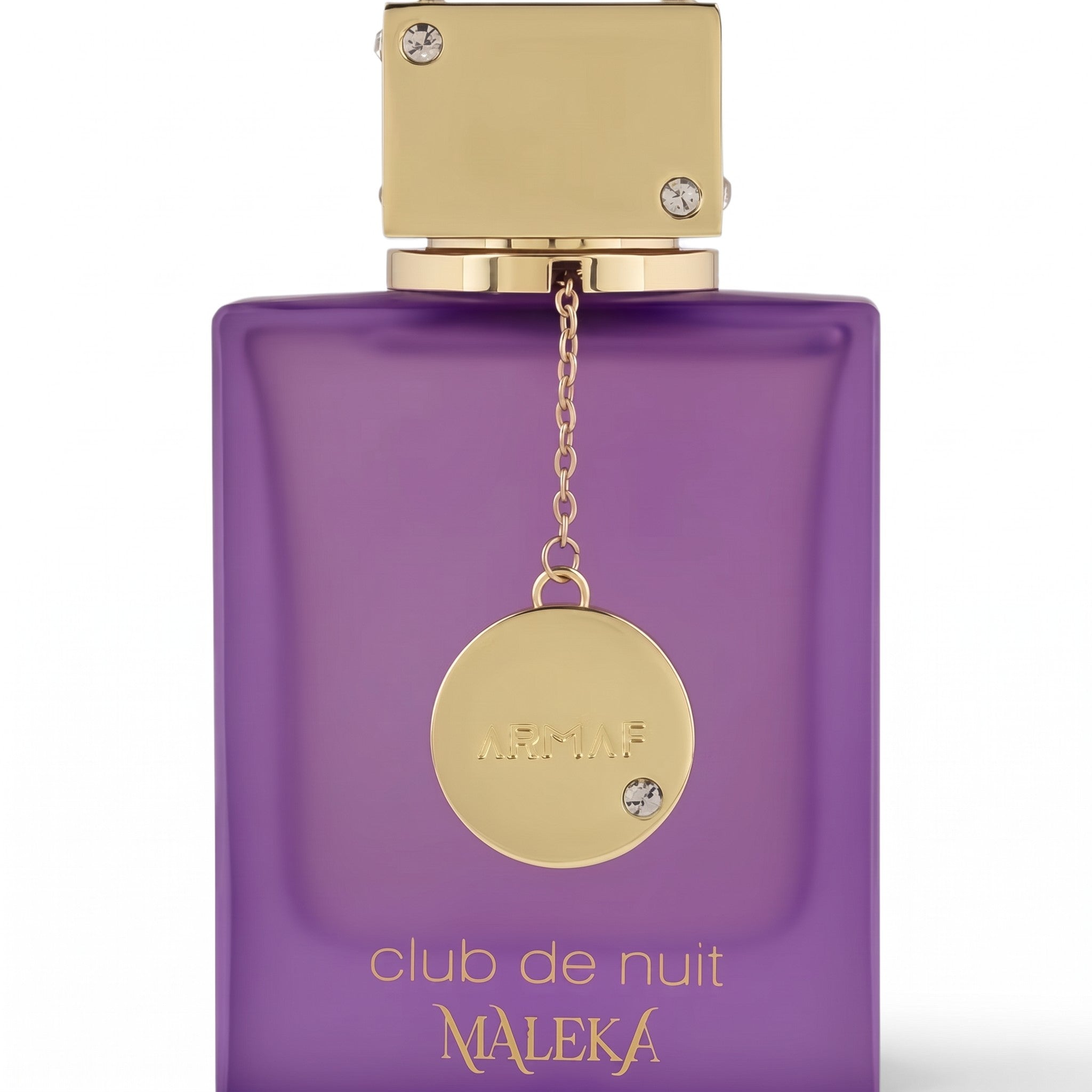 Palette 21 Armaf Club De Nuit Maleka perfume in a deep purple glass bottle with gold hardware and crystal charm.
