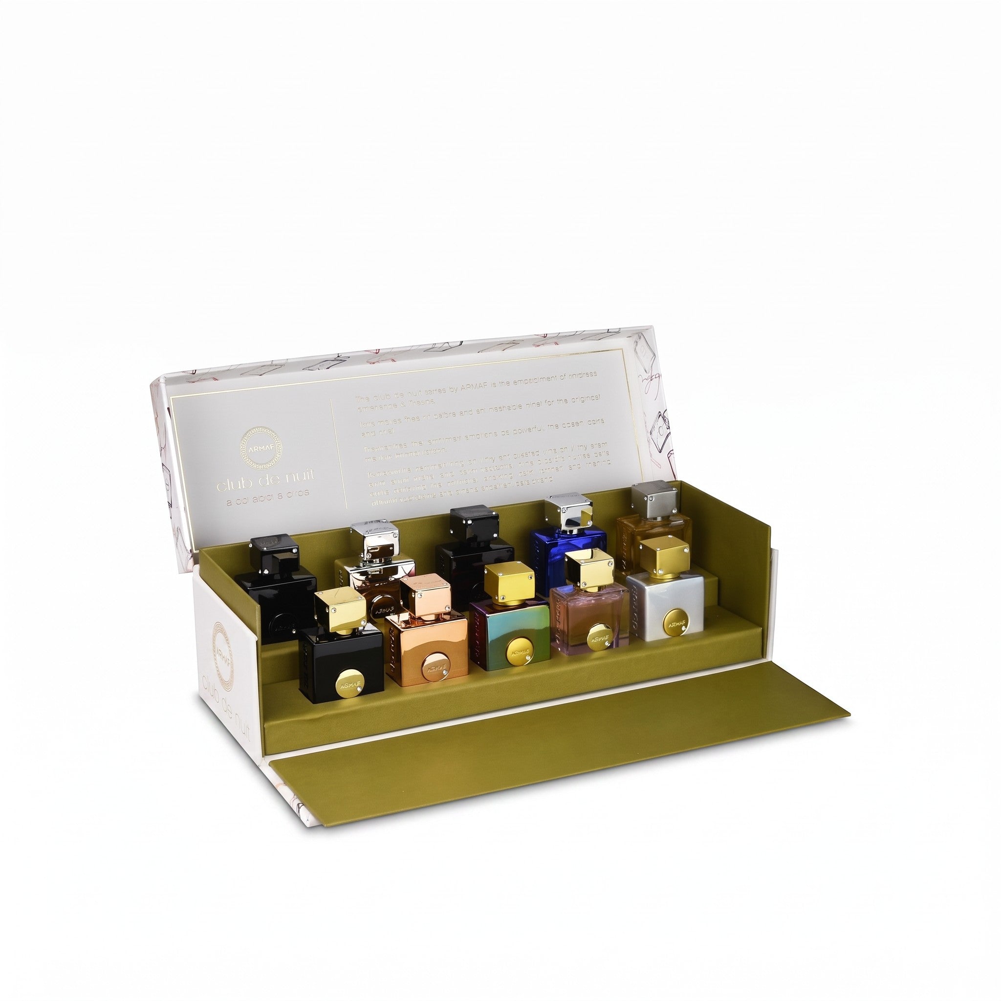Palette 21 Armaf Club De Nuit 10-piece fragrance miniature set in a luxury display box with assorted glass bottles.