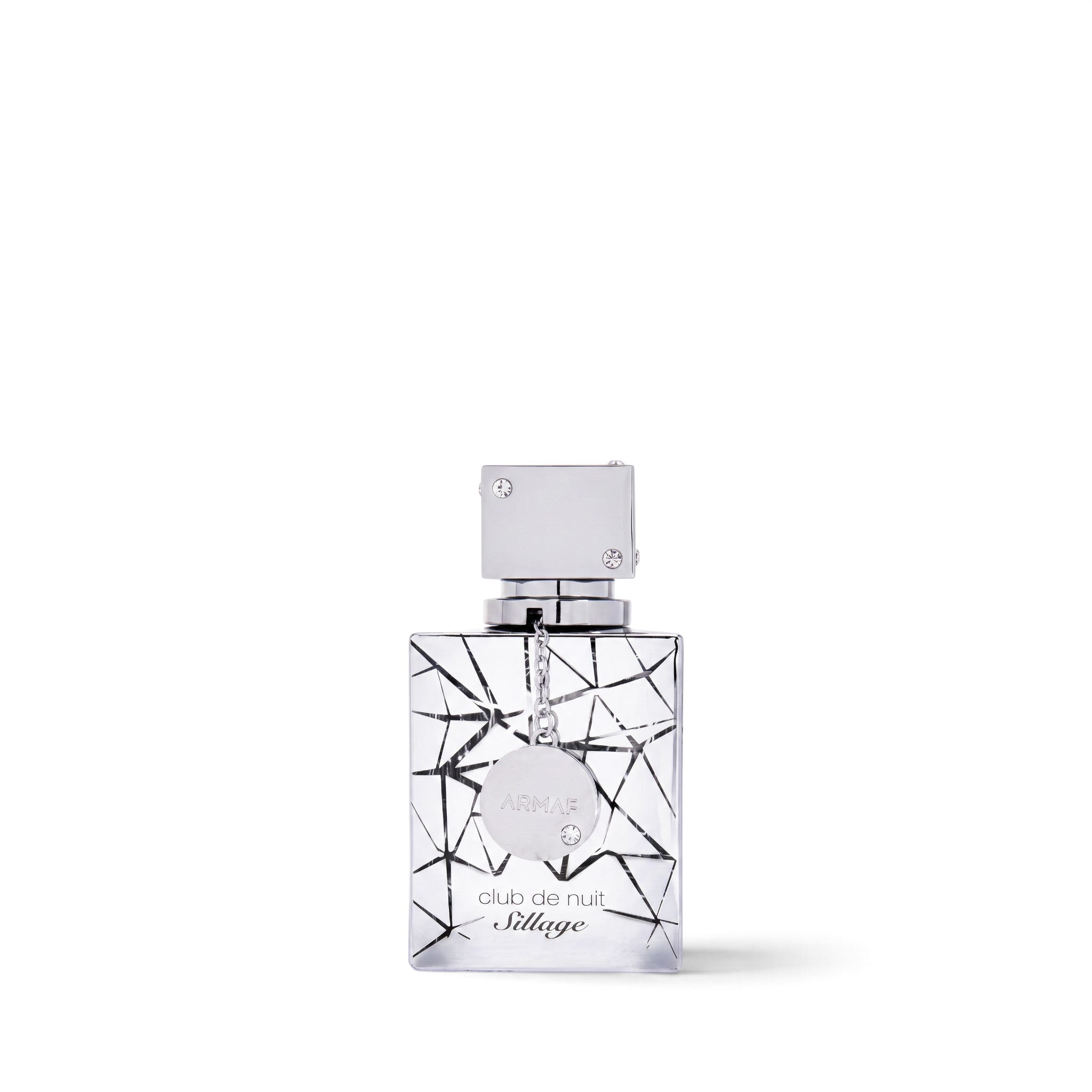 Palette 21 Armaf Club de Nuit Sillage unisex fragrance in a clear glass bottle with a metallic geometric pattern.