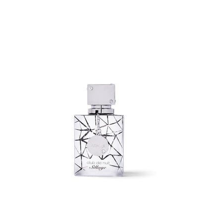 Palette 21 Armaf Club de Nuit Sillage unisex fragrance in a clear glass bottle with a metallic geometric pattern.