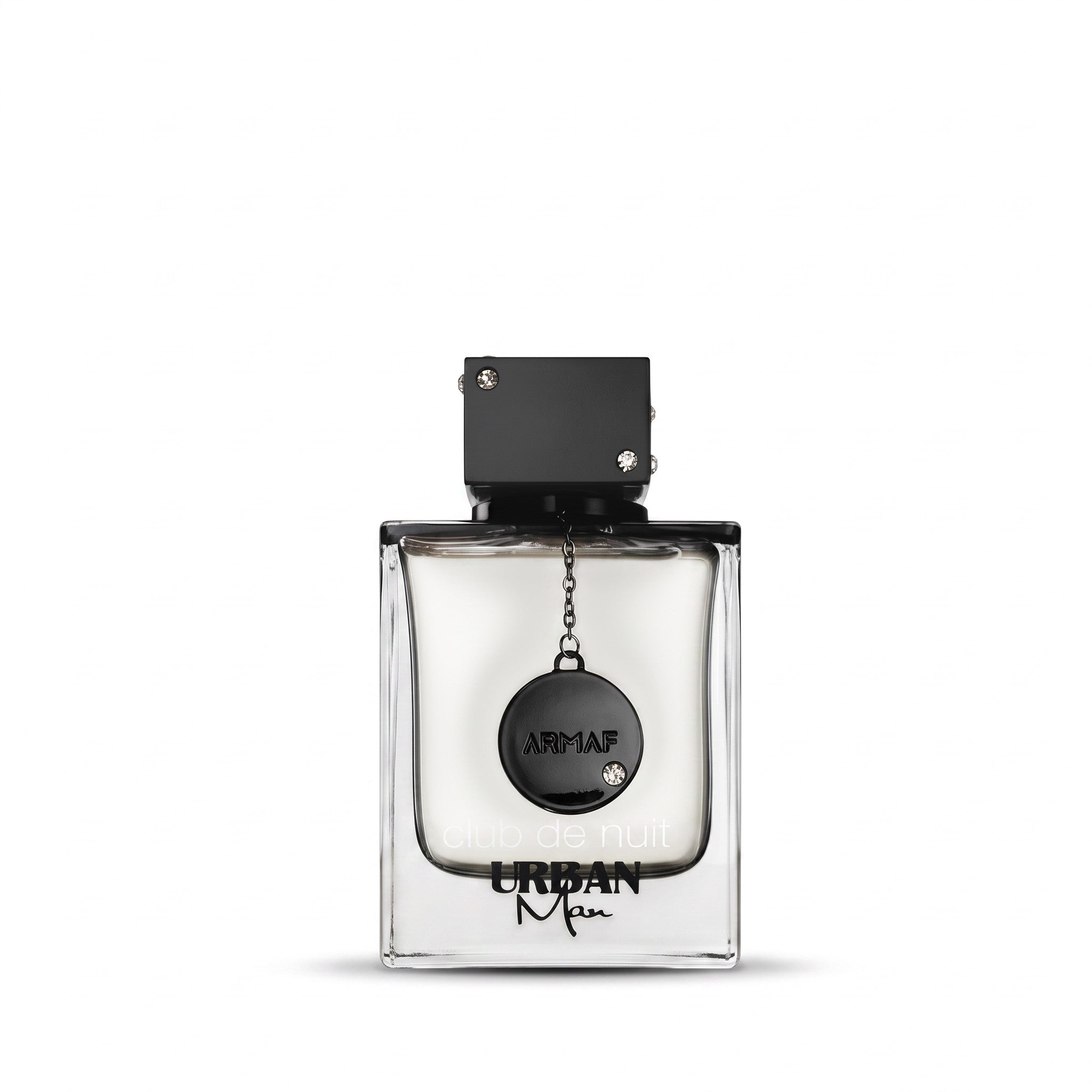 Palette 21 Armaf Club de Nuit Urban Man eau de parfum bottle with a black cap and decorative chain charm