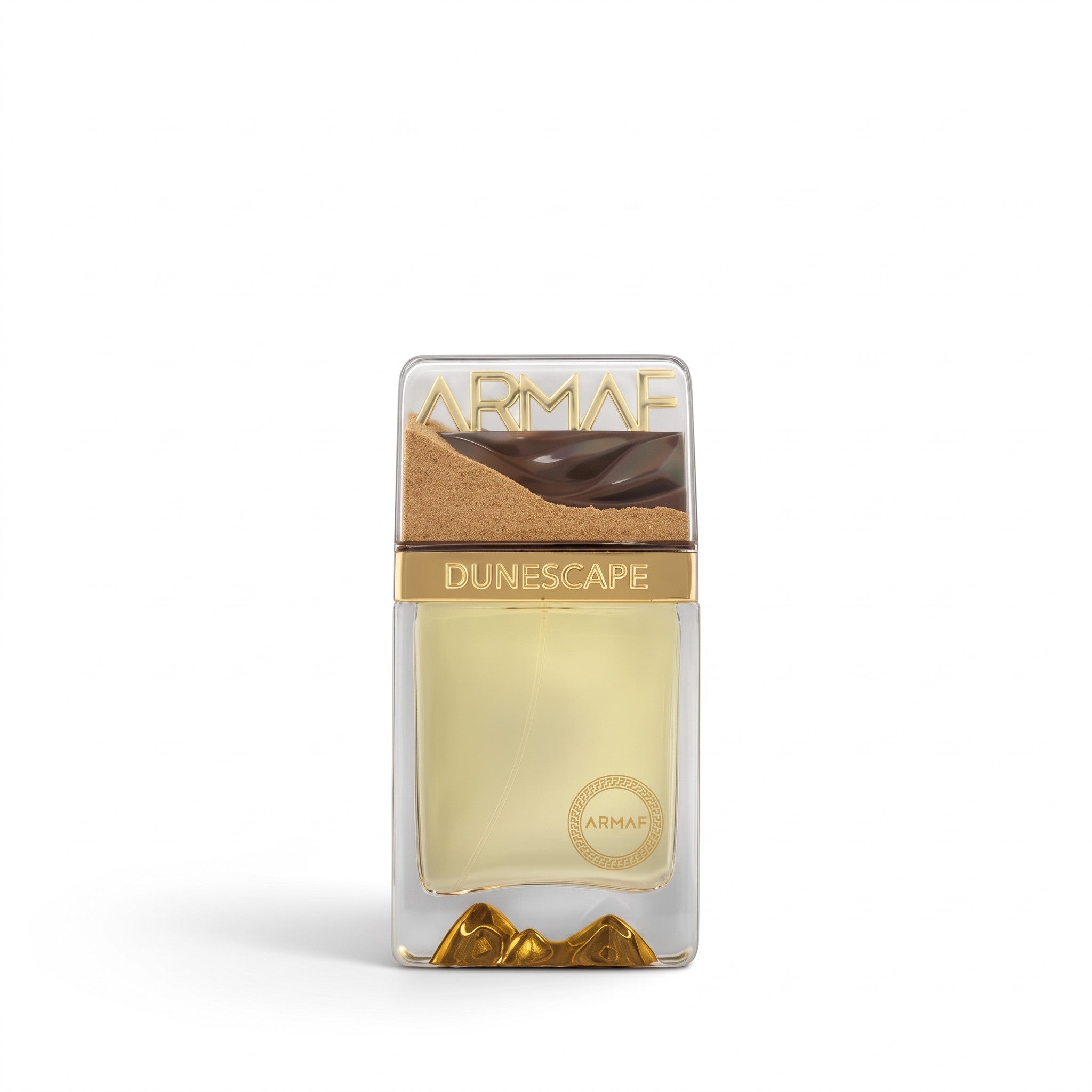Palette 21 Armaf Dunescape Dubai unisex Eau de Parfum in a clear glass bottle with gold accents and sand texture.