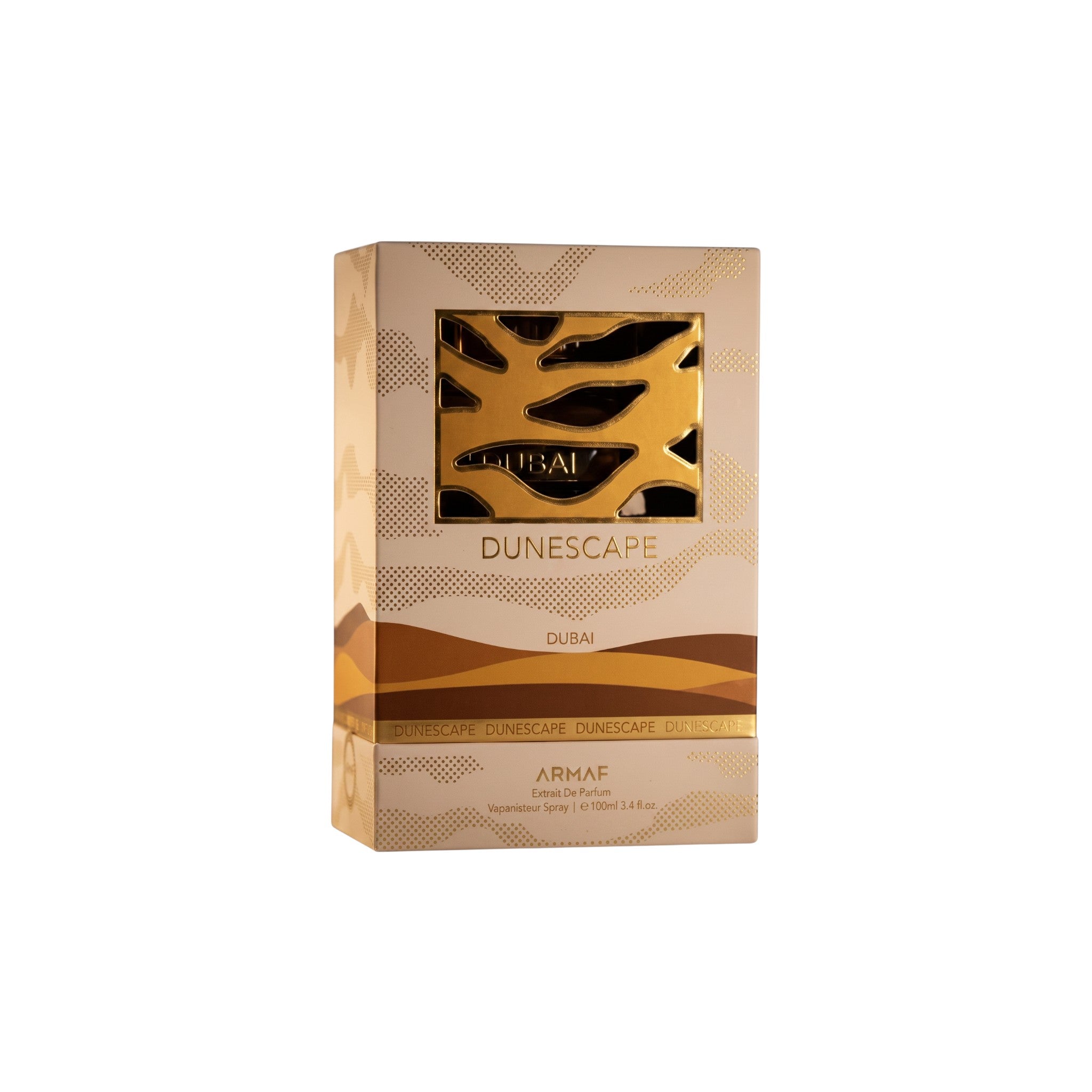 Palette 21 Armaf Dunescape Dubai unisex Extrait de Parfum fragrance bottle in a decorative gold and beige box