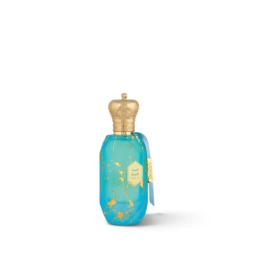 Palette 21 Armaf ETER ARABIAN SKY perfume in a bright turquoise bottle with gold marble accents and a crown cap.