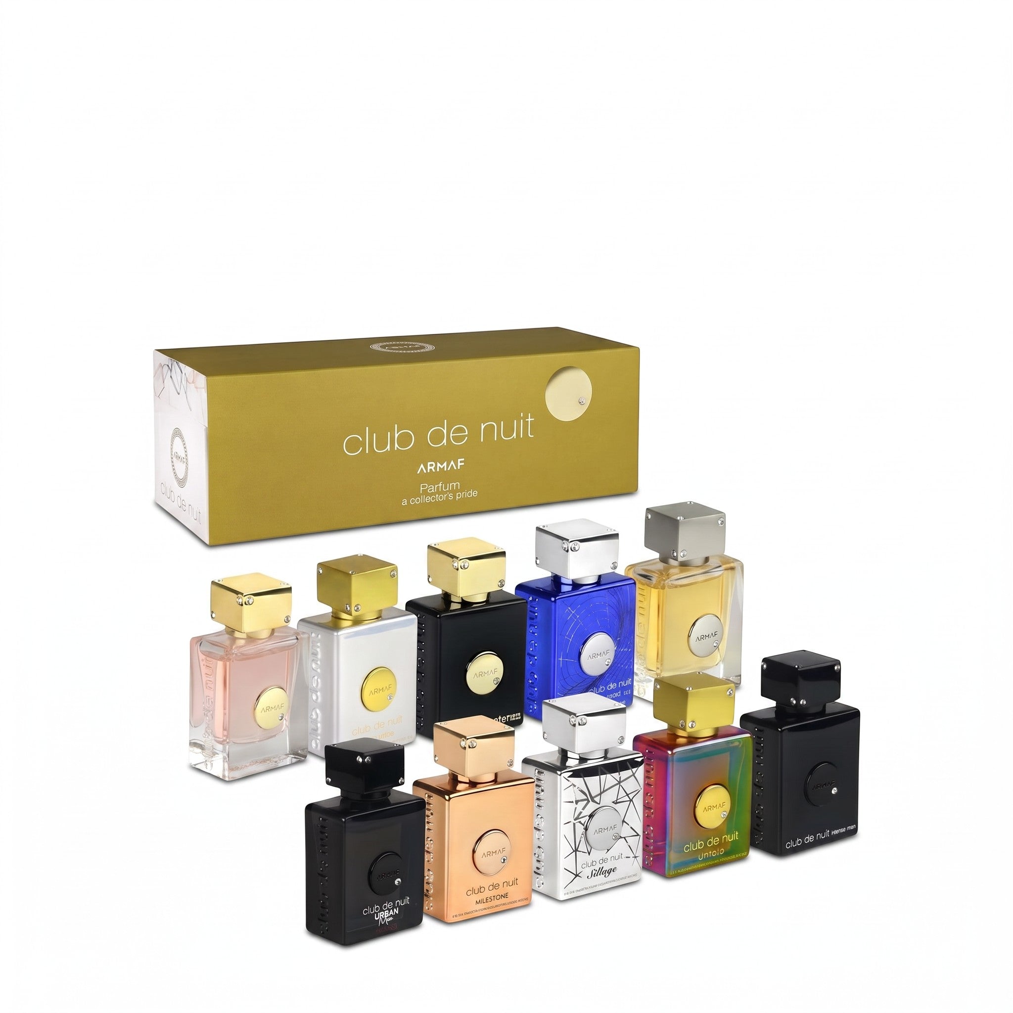 Palette 21 Armaf Club De Nuit 10-piece fragrance miniature set featuring diverse perfume bottles in a gold display box.