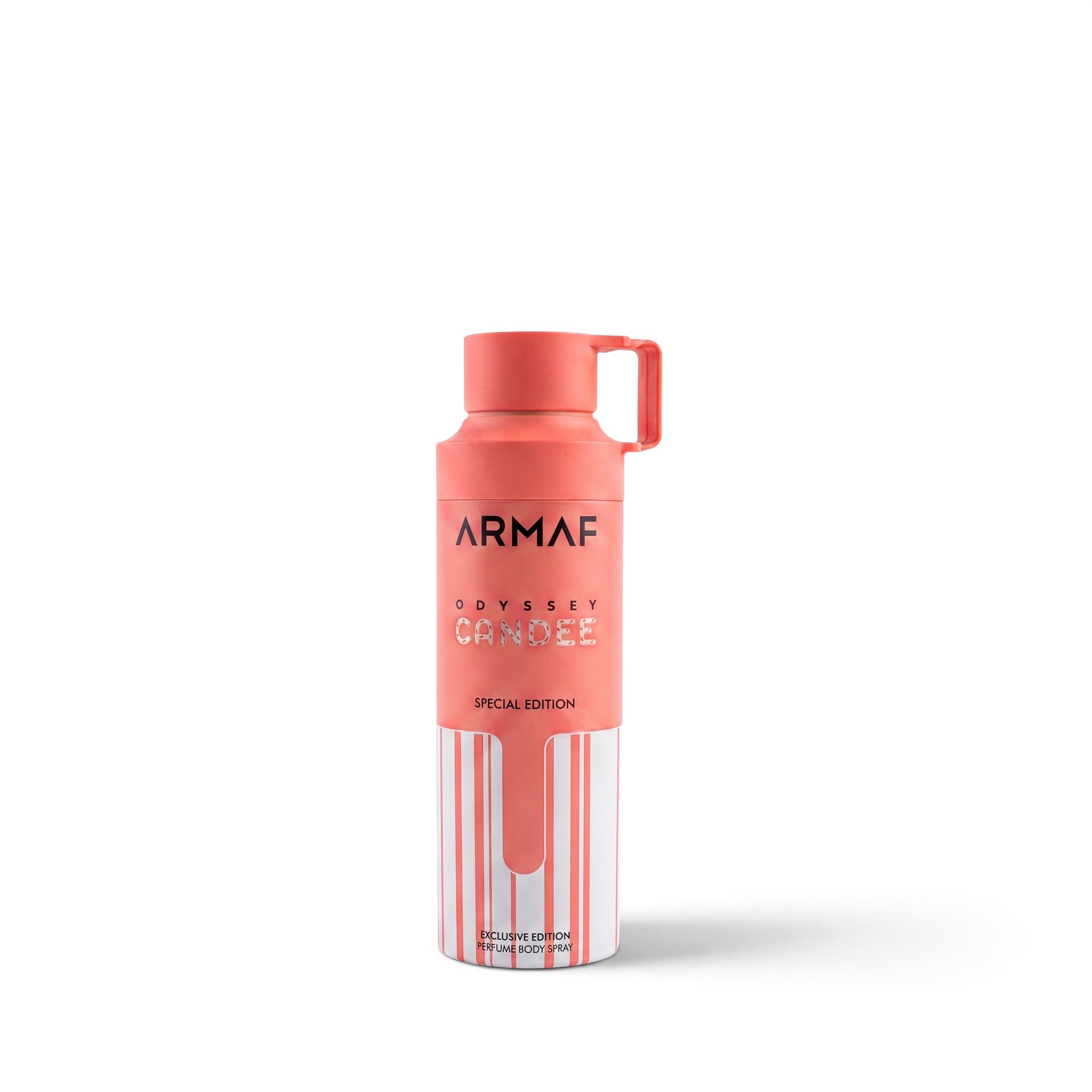 Palette 21 Armaf Odyssey Candee body spray in a coral pink bottle with white vertical stripes and a carry handle.