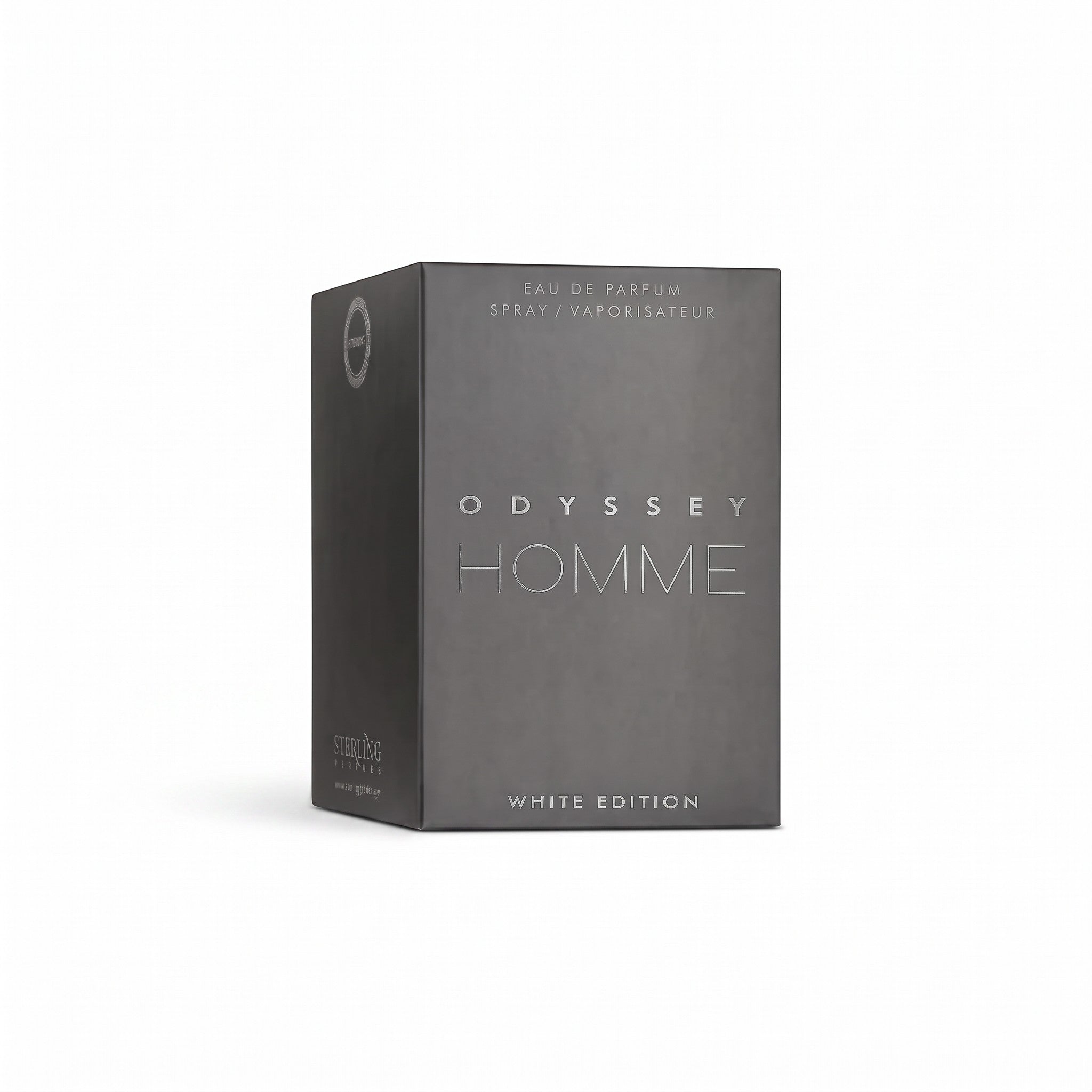 Palette 21 Armaf Odyssey Homme White Edition eau de parfum box in a sleek dark grey minimalist design.