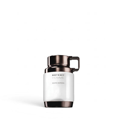 Palette 21 Armaf Odyssey Homme White Edition fragrance bottle with a sleek white body and dark metallic cap.