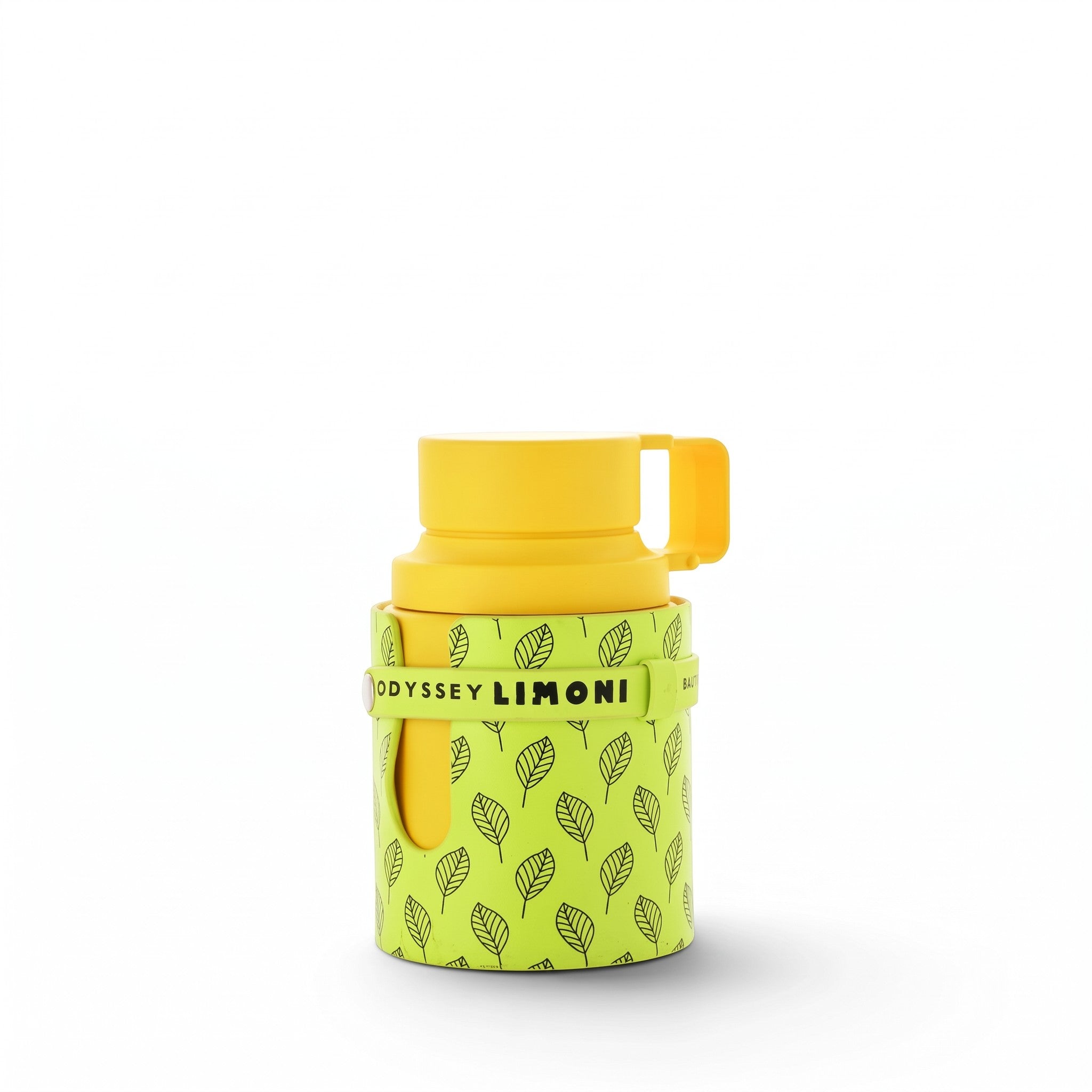 Palette 21 Armaf Odyssey Limoni Fresh Edition fragrance bottle in a bright yellow and leaf-patterned lime green sleeve.