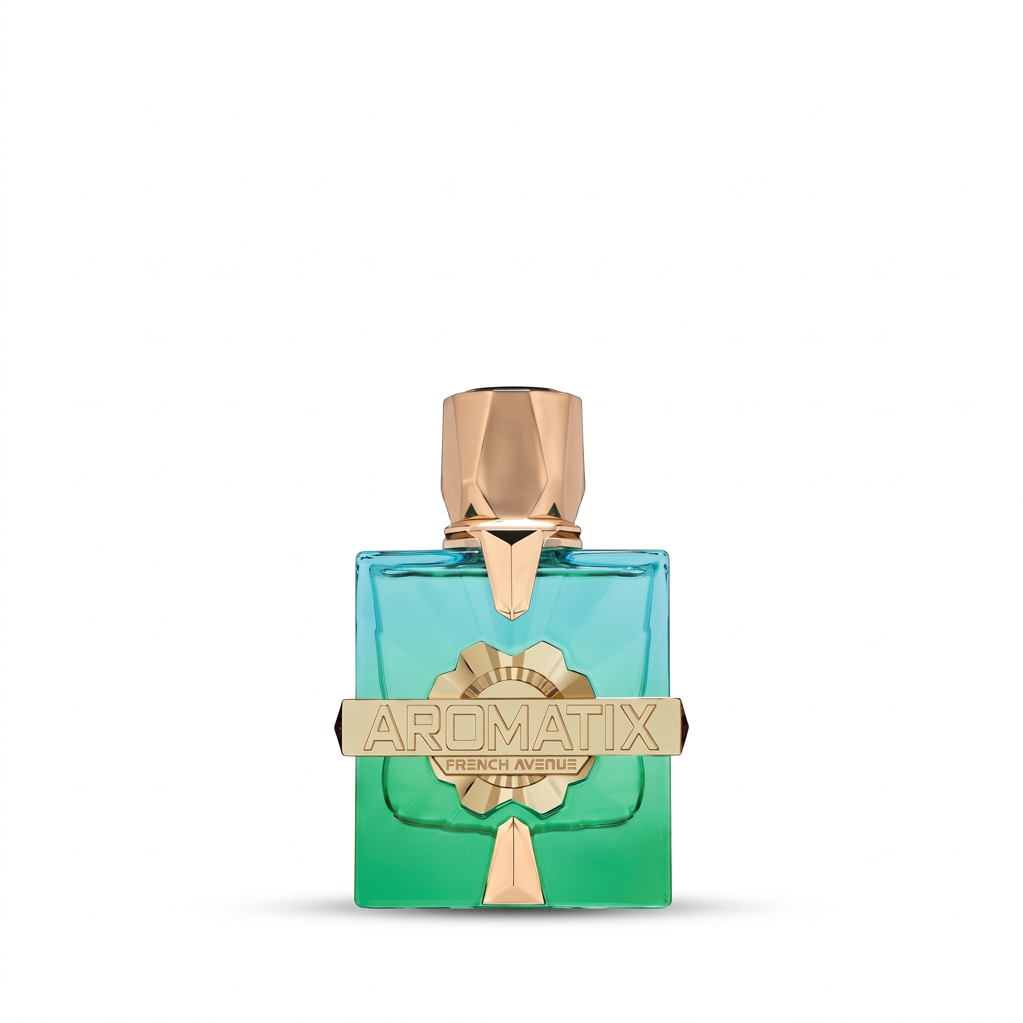 Palette 21 French Avenue Aromatix Sunkissed unisex perfume bottle with a blue to green gradient and gold accents.