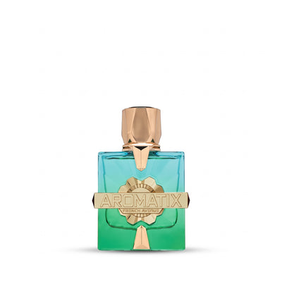 Palette 21 French Avenue Aromatix Sunkissed unisex perfume bottle with a blue to green gradient and gold accents.