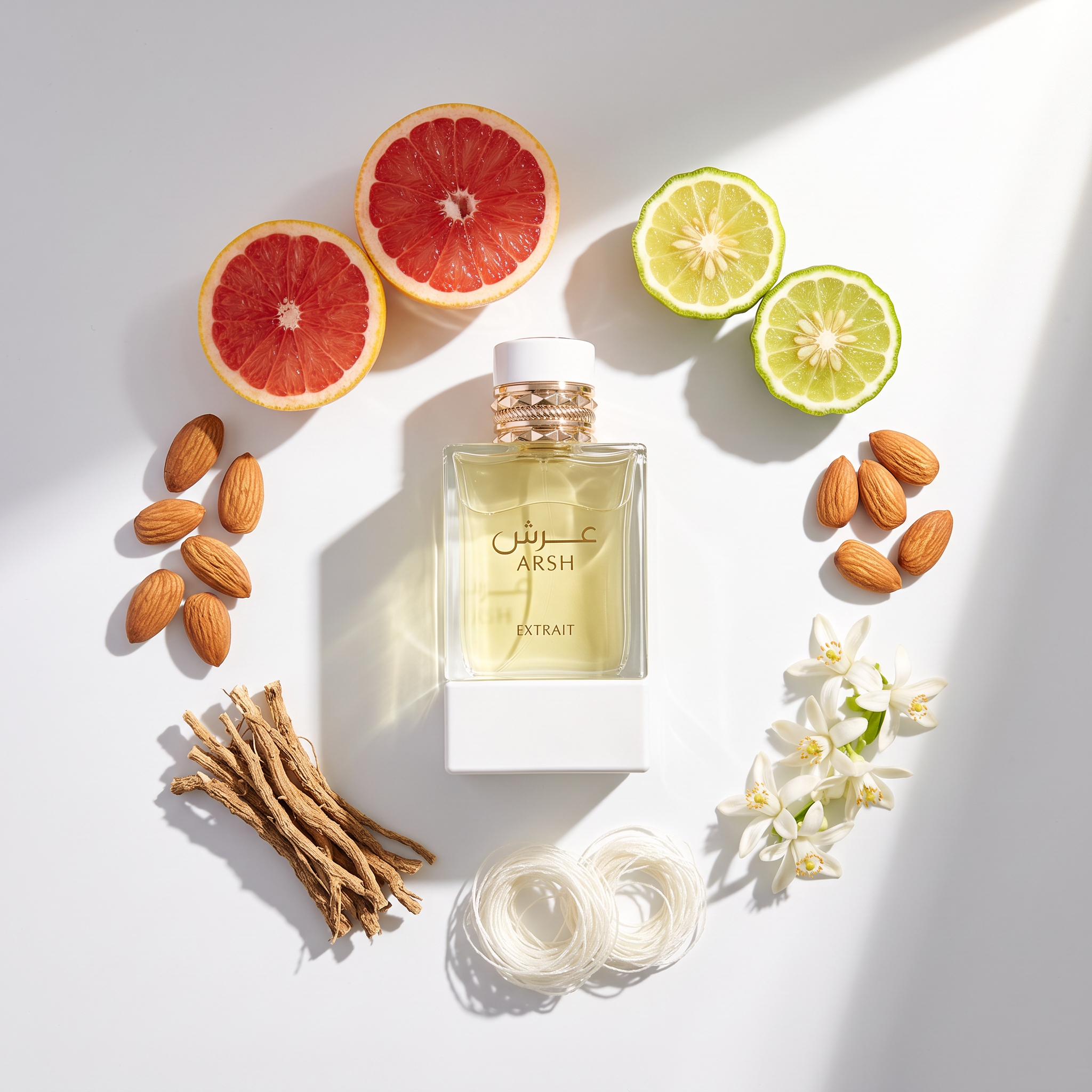 Palette 21 FRENCH AVENUE Arsh Extrait de Parfum bottle surrounded by grapefruit, bergamot, almonds, and white flowers.