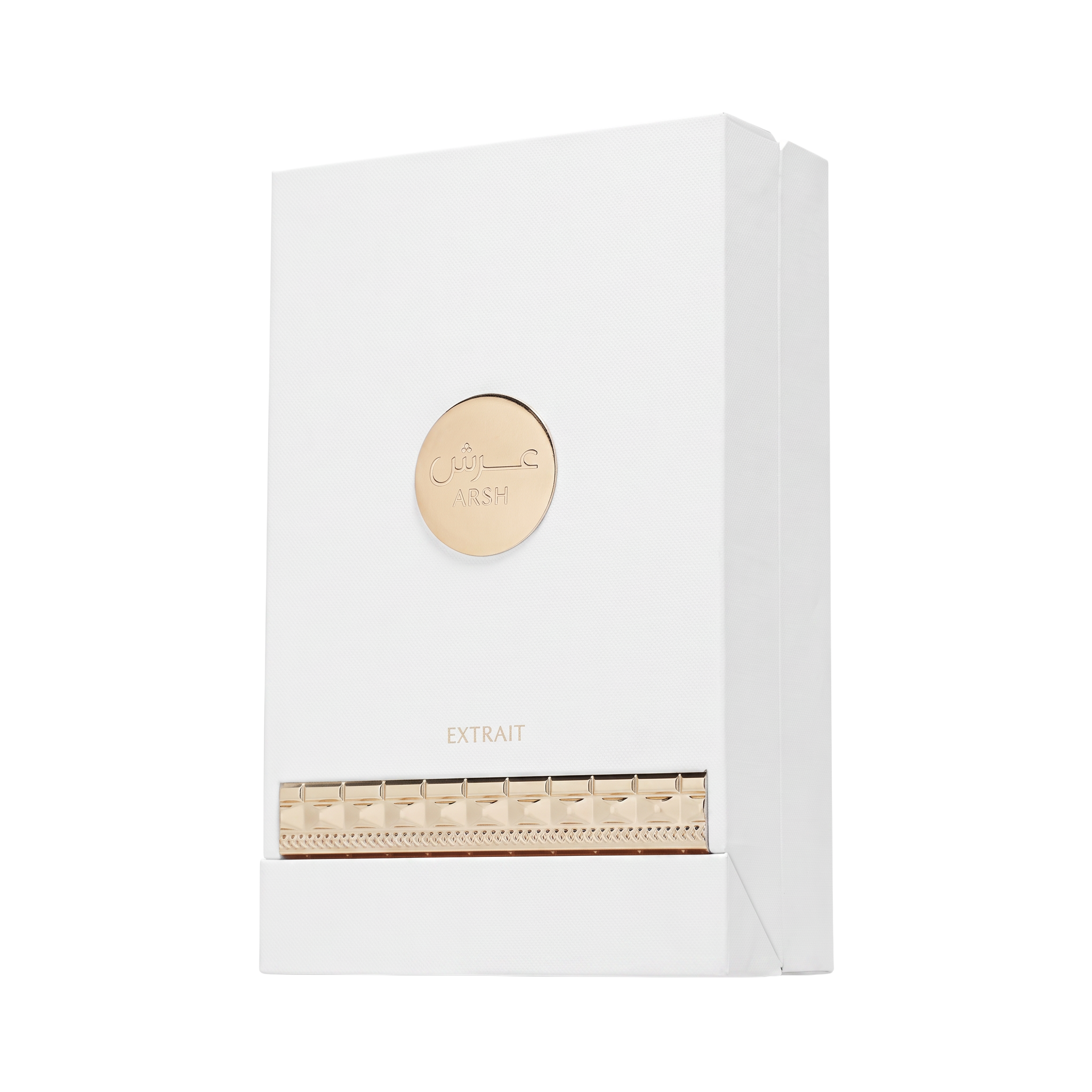 Palette 21 FRENCH AVENUE Arsh Extrait de Parfum white rectangular fragrance box with gold circular logo and trim