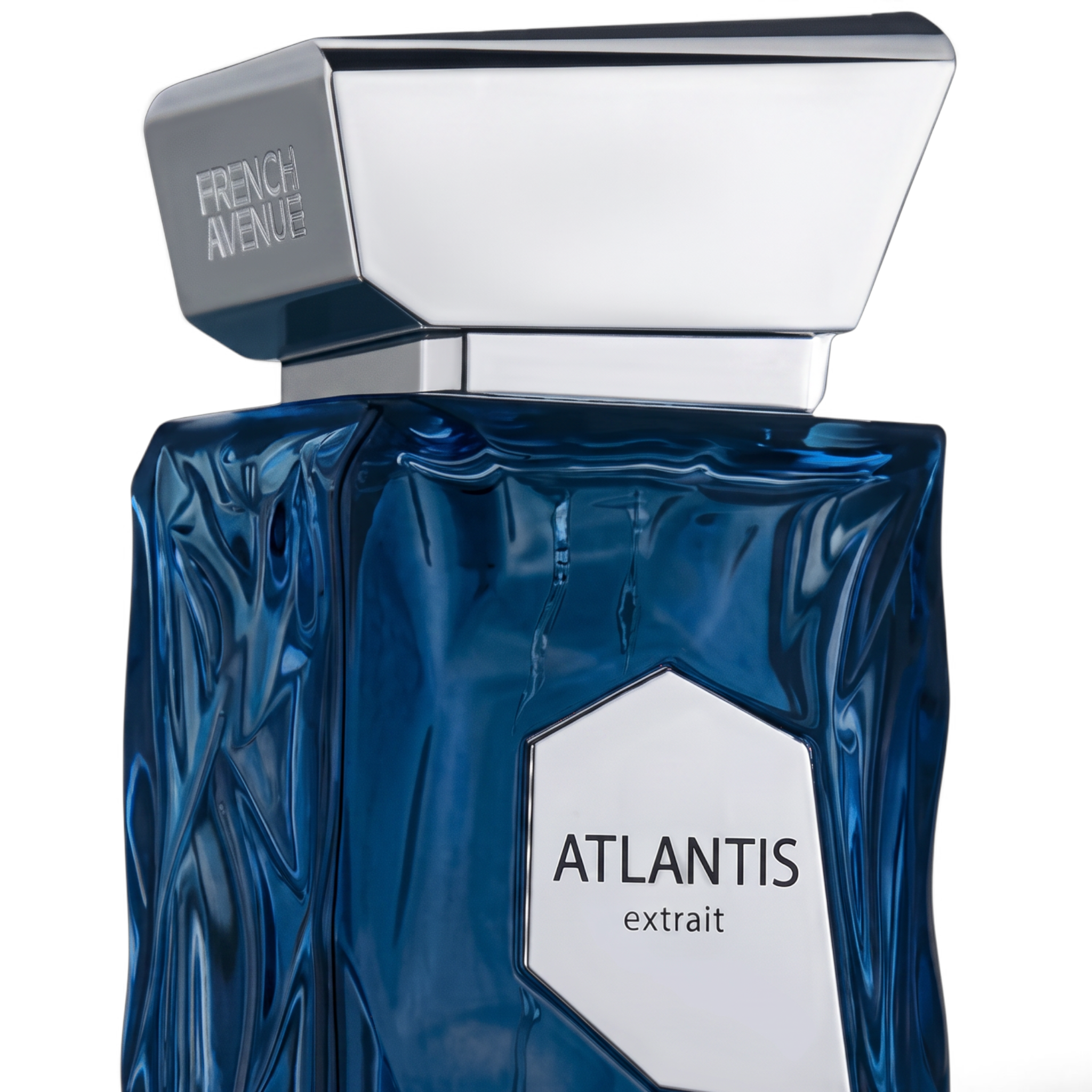 Palette 21 French Avenue Atlantis Extrait fragrance in a textured deep blue glass bottle with a silver cap.