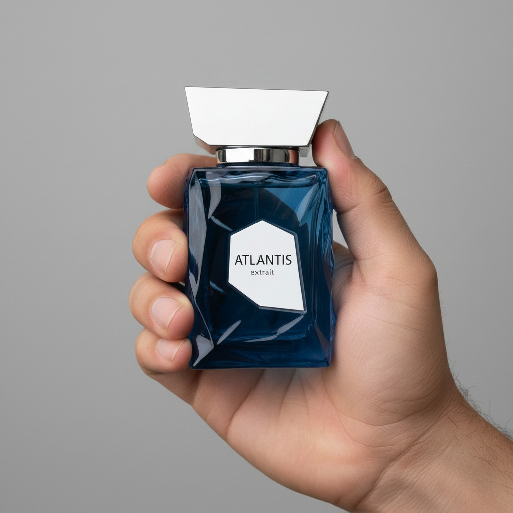 Palette 21 FRENCH AVENUE Atlantis Extrait fragrance in a deep blue textured glass bottle held in a hand