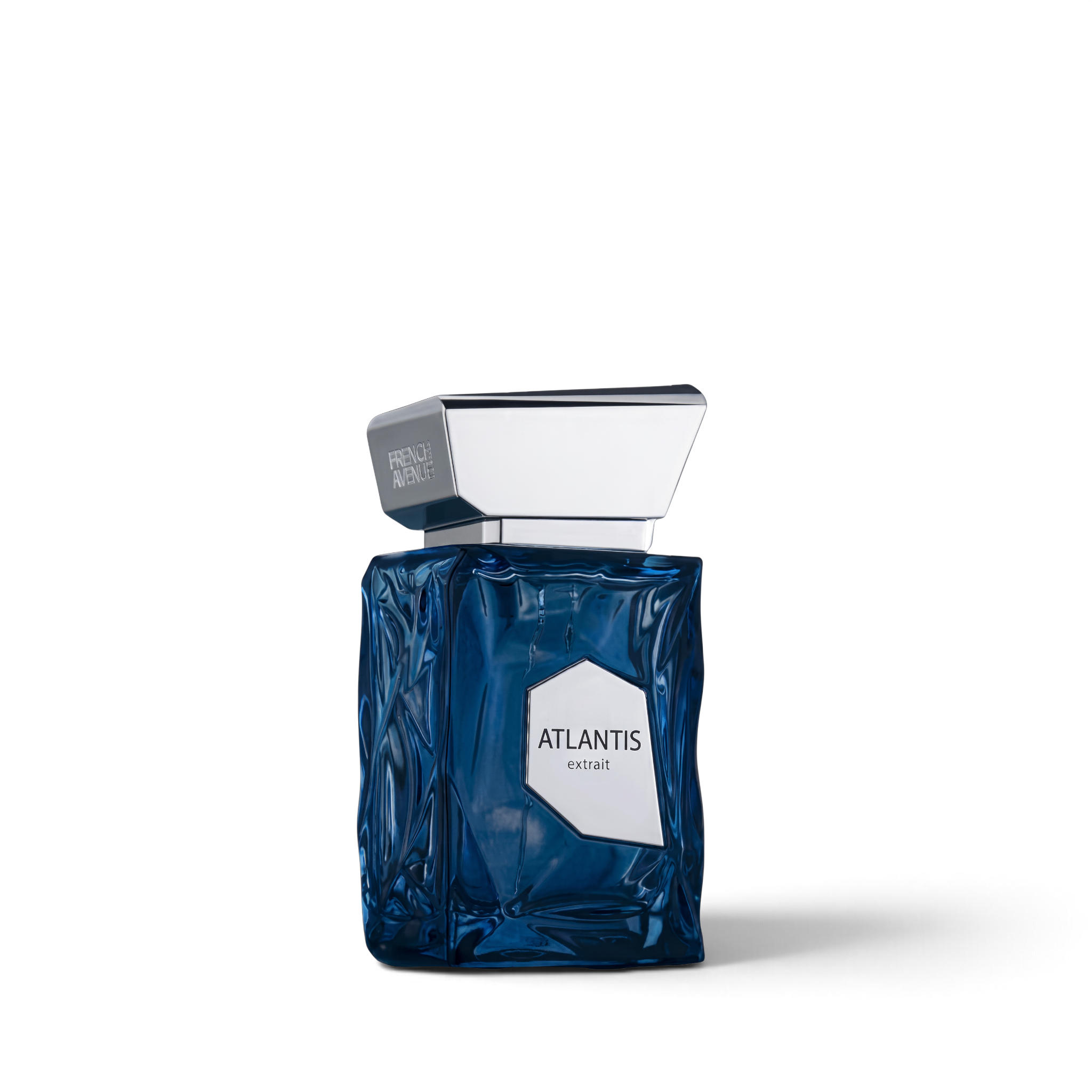 Palette 21 FRENCH AVENUE Atlantis Extrait fragrance in a textured deep blue glass bottle with a silver cap.