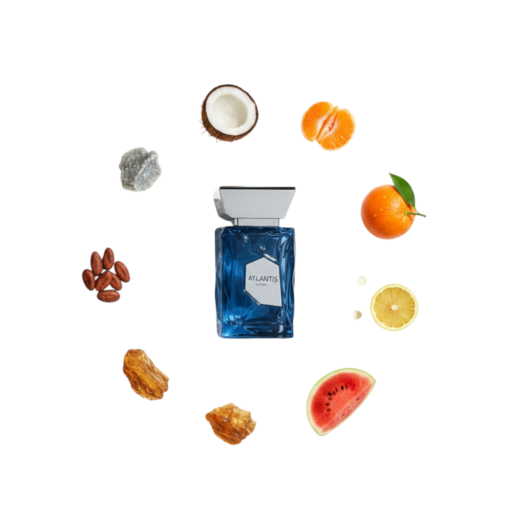 Palette 21 FRENCH AVENUE Atlantis Extrait fragrance bottle surrounded by fresh fruit, nuts, and stone ingredients.