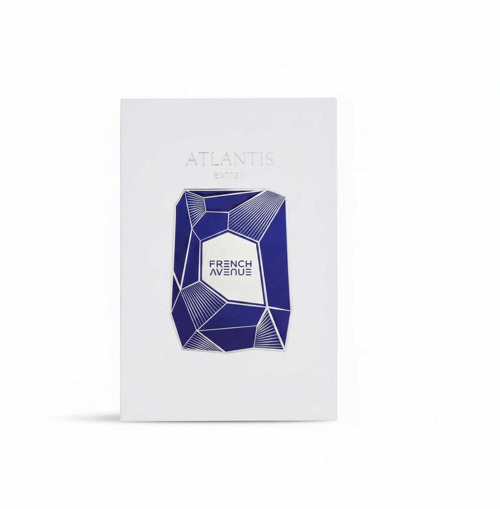 Palette 21 FRENCH AVENUE Atlantis Extrait fragrance white rectangular box with a geometric blue and silver emblem.