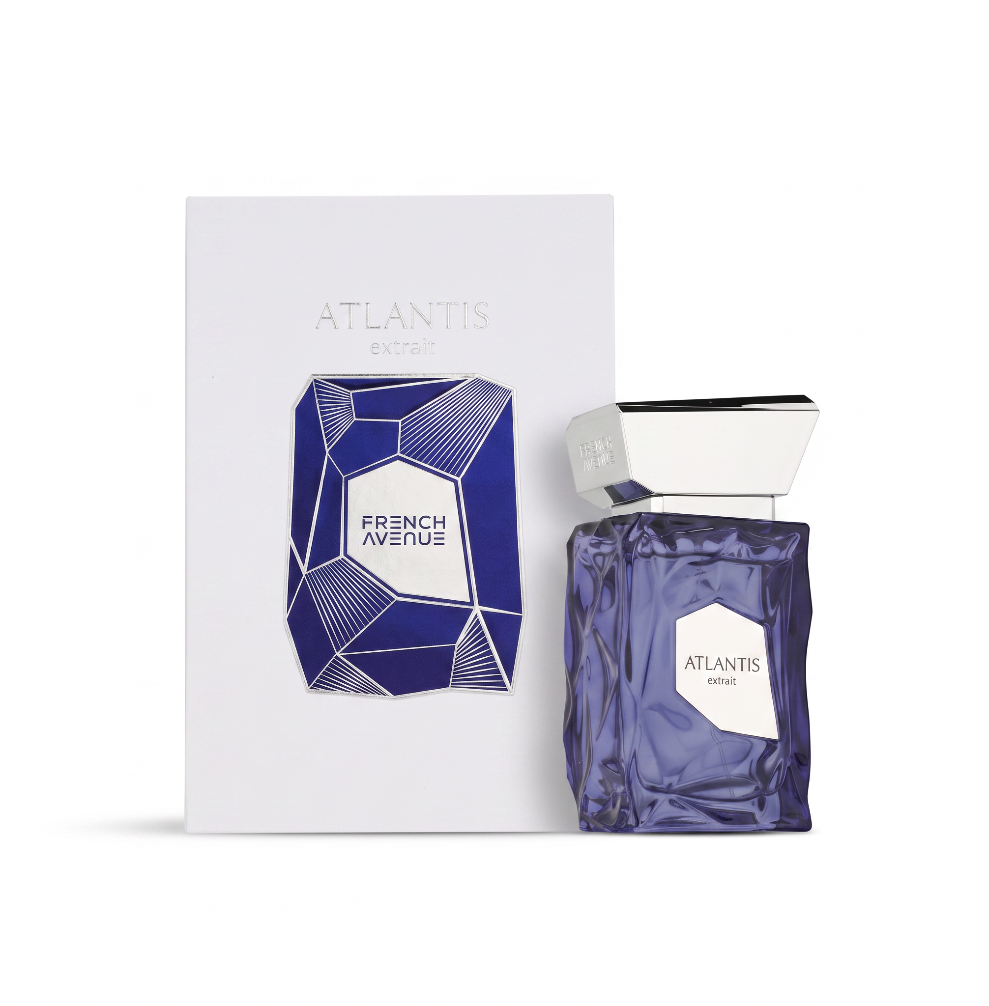 Palette 21 FRENCH AVENUE Atlantis Extrait fragrance bottle and white box with blue geometric gem design