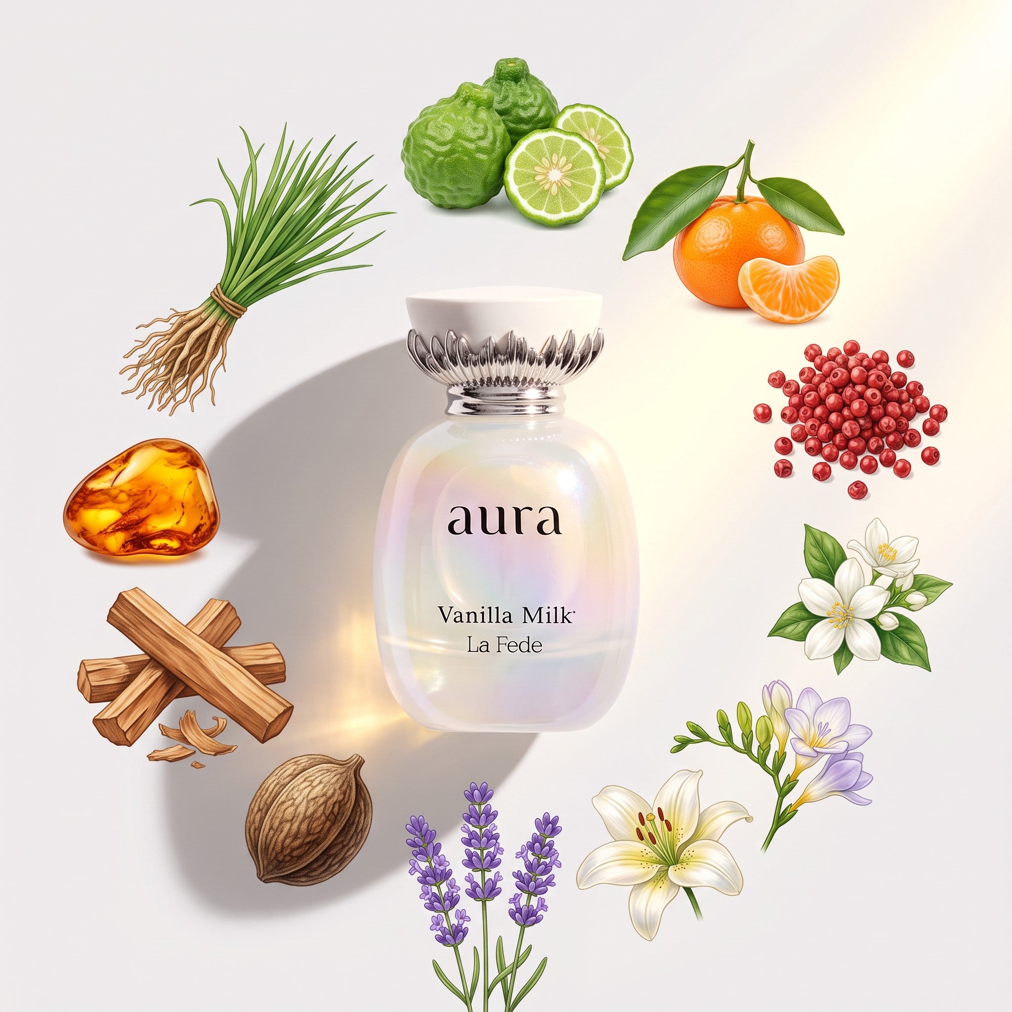 Palette 21 Khadlaj Le Fede Aura Vanilla Milk perfume bottle surrounded by botanical illustrations of fragrance notes